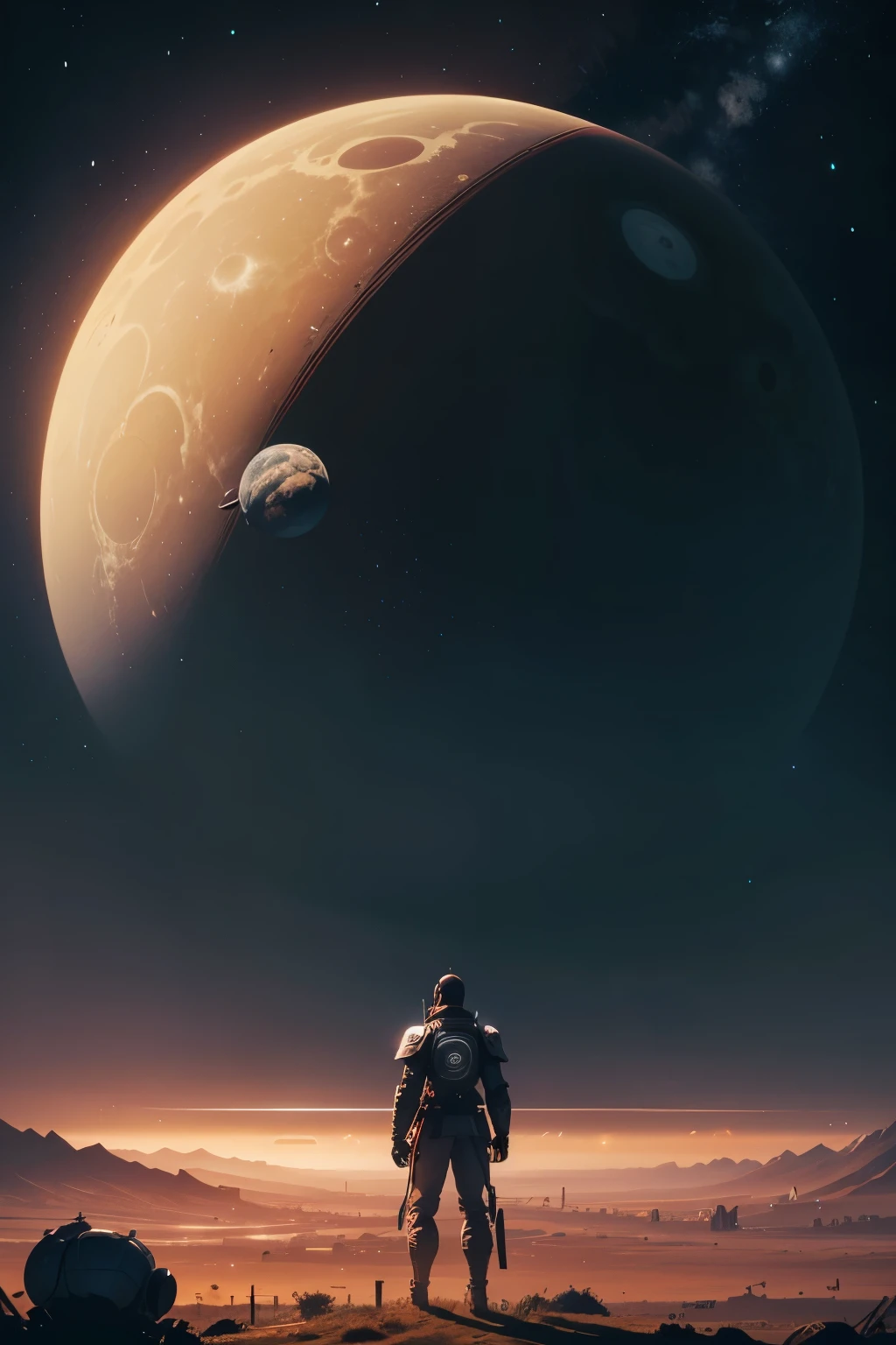 arafed view of a man standing in a field with a planet in the background, a screenshot inspired by Epsylon Point, tumblr, fantastic realism, moons in background, over looking saturn, imperial city in the distance, invading kashyyyk, space ship in the distance, overlooking a desolate wasteland, ultra wide gameplay screenshot, solitude seen in the distance