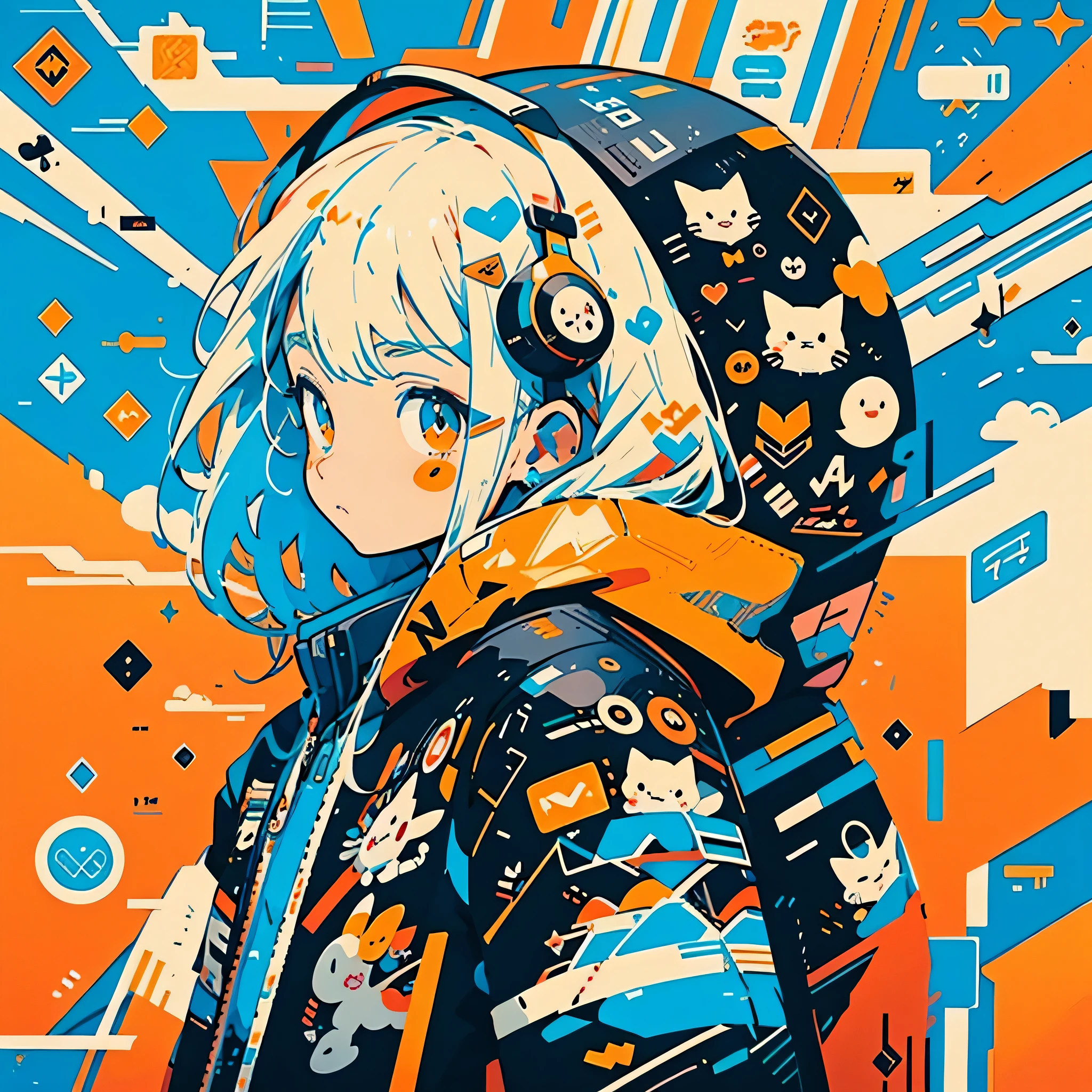 Anime girl with orange and white jacket and black jacket surrounded by stickers, anime mecha aesthetics, anime style 4k, anime graphic illustration, mechanical aesthetics, Anime robots and organic matter mix, デジタルanime illustration, anime style illustration, cute art style, anime illustration, anime manga robot!! アニメのgirl, anime style artwork, digital cyberpunk anime art, fully robotized!! girl
