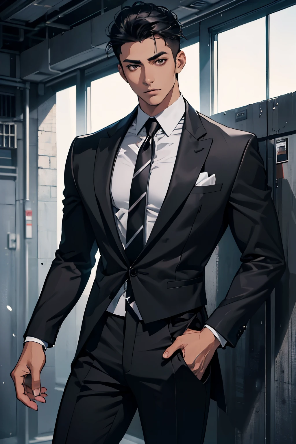 30-year-old man, short black hair, gray eyes, tanned skin, asian, gray dress shirt, black suspenders, black and gray striped tie, black tailored pants, brown leather shoes, muscular, full body, (best quality, 4k, highres), ultra-detailed, (realistic:1.37), portraits, moody lighting, vibrant colors