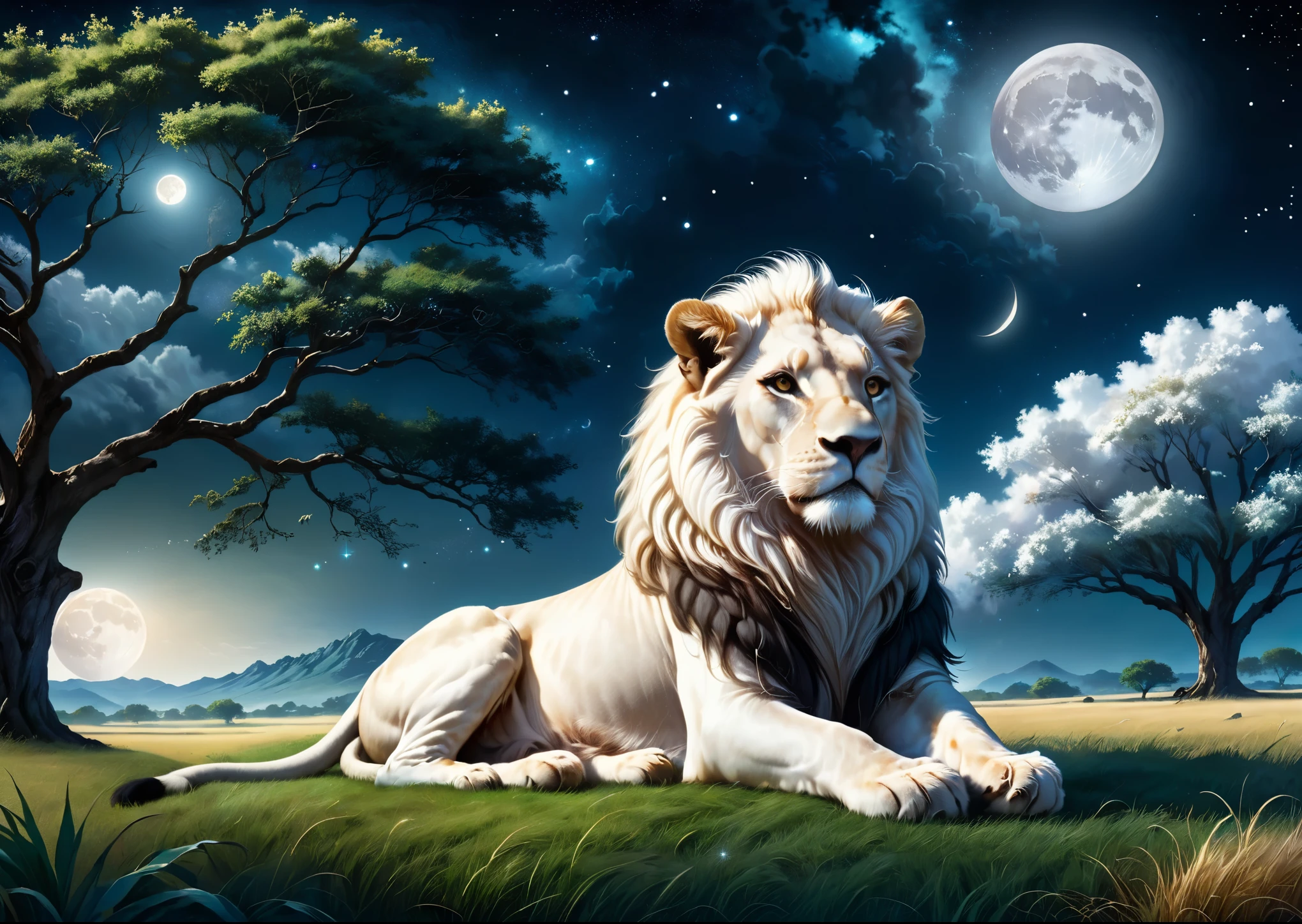 White male lion sitting on a wide grassland、white lion sitting under a big tree、big mane、brown eyes、I can see Orion constellation、moon night、The moon is half hidden in clouds、High color rendering、high detail