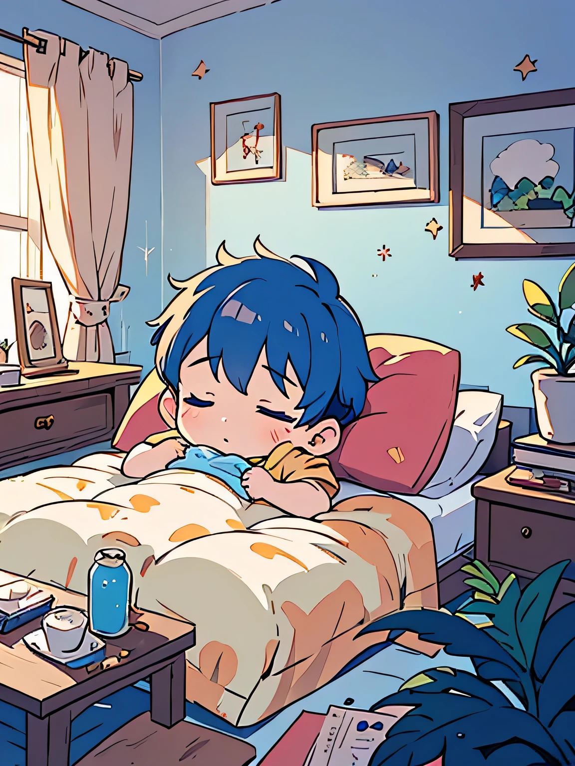 (A boy sleeping alone in bed,mother looking at boy,blue hair),painting,soft strokes,pastel colors,quiet atmosphere,comfortable bedroom,soft light,a comforting presence,Eyes filled with love and vigilance,best quality,2D art style,emotional connection,peaceful scene