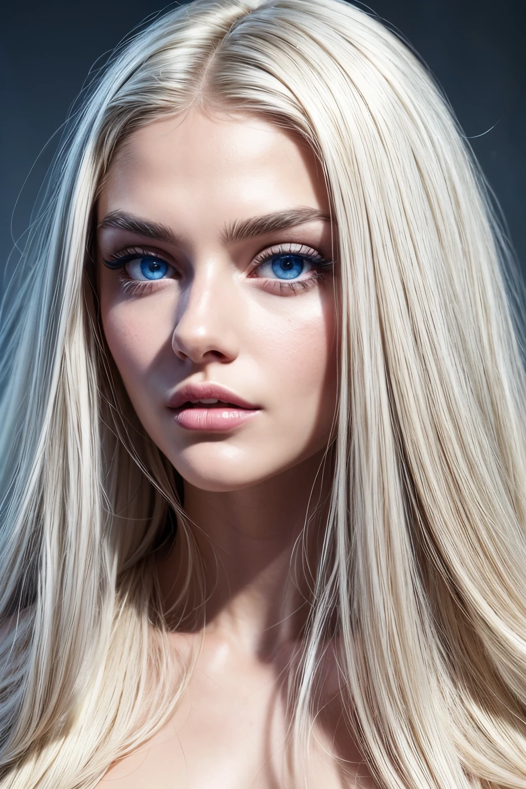 beautiful sexy girl 25 years old ,white long hair ,portreit ,high quality ,best resolution ,detailed ,realistic ,big blue eyes, nice well maintened eyebrows, oval shape of face, plump lips,long eyelashes,tanned skin,sculs ,small sharp nose,
