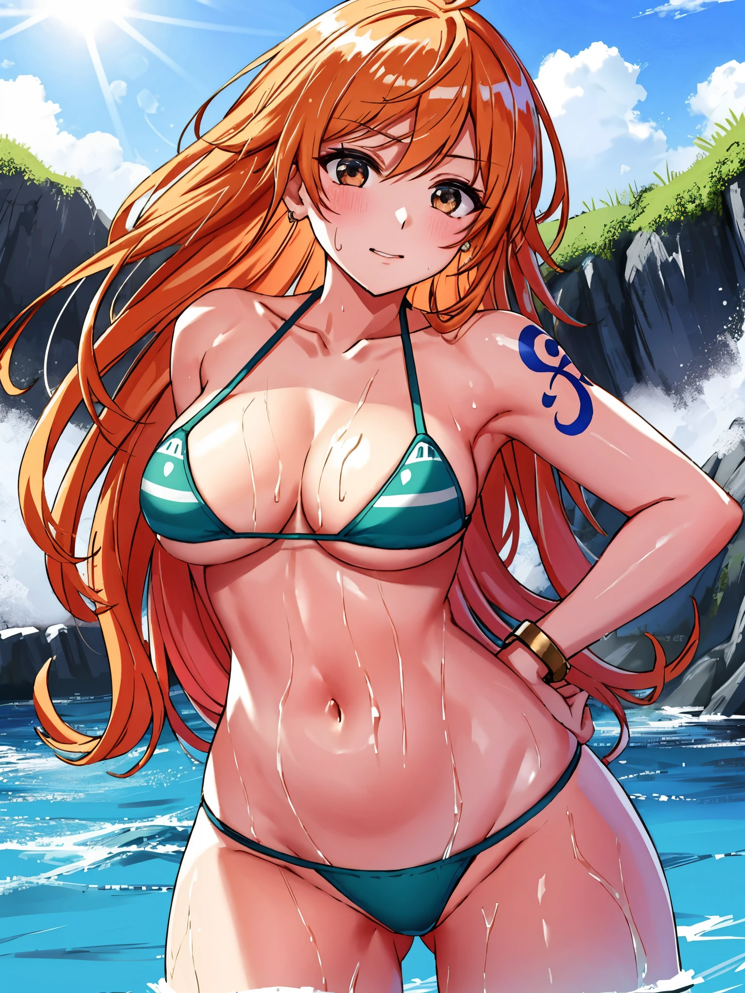 Detailed background, masterpiece, 4k, epic, best quality, late adolescence, , Wrestlers'Body, Strong, 1個Giant Breast Girl, positive, Full of energy, (Tucone, us \(piece\), 1個Giant Breast Girl, bracelet, (very wet, soaked in sweat, Sweating all over the body, hair wet, tired, open mouth, exhausted, call, Sweating face, Body出汗, desudation, shiny sweat, tilt, hands on hips, Serious, dazzling, open eyes, Perfect and detailed face shape, round face, Sweating face) thick line graph, muscular arms, Delicate and thick arm lines, Flat jaw, Honey, Wavy wide bangs, floating bangig cheeks shoulders, Off the shoulders, bikini, 仅bikini上衣, blue sky, bracelet, elastic, Brazilian, big round eyes, Very large brown shiny eyes, bubble, High eye position, felling, Cloud, day, ear nipple ring, Fluttering, shiny hair, Greenbelt, 粉色色bikini, bold groin line, jewelry, Moderate, Logarithmic posture, long white hair, looking at the audience, Large navel, wet hair, orange hair, shoulder tattoo, side lock, sky sky, alone, Everlasting, Stomach, swimsuit, Tattoos are , looking at the audience, open mouth, Detailed left arm, Large forehead, hourglass figure, small head, 健美的Body, Broad hair, Wind effect, sunlight effect, in the sun, Narrow ear angles, older, Random pose,