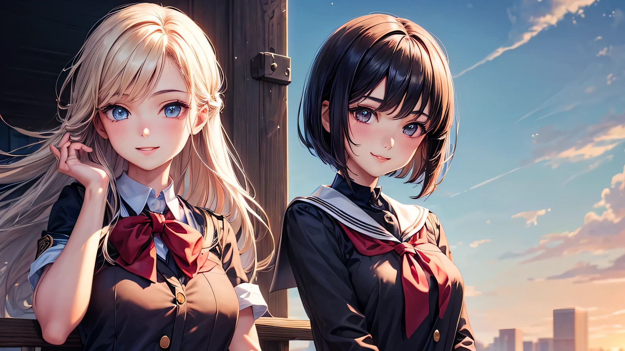 (2 girls:1.2), incredibly beautiful face,, shining smile, short bob, (school uniform, mini skirt:1.2), (highest quality: 1.4), (Super detailed), (highest quality:1.4), (super detailed), evening, (anime illustration), very high resolution, (Upper body), close up face