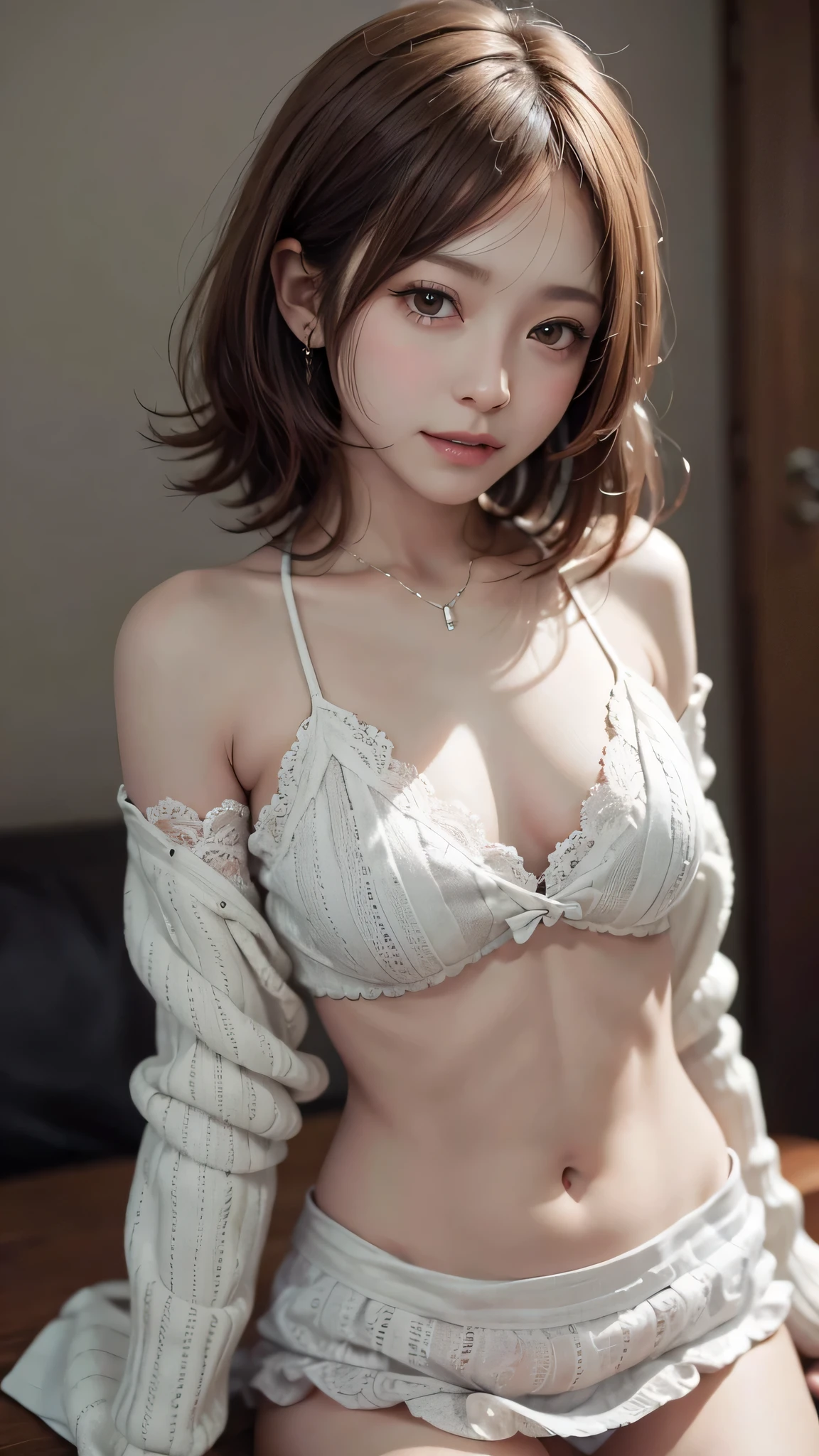 (close:1.4)、(RAW photo:1.2)、(realistic:1.4)、(masterpiece:1.3)、(highest quality:1.4)、young japanese woman、7 head and body、(cute:1.2)、(casual hairstyles:1.2)、(cleavage:1.2)、super detail face、eye for detail、double eyelid、Hug your chest with your arms、light brown hair、(loose long knit、mini skirt、white lace panties:1.3)、(show both shoulders:1.2)、(slender and beautiful girl)、Smile、(short bob:1.2)、(Sexy model posing with chest out:1.3)、cowboy shot、(I can see your thighs、I can see your pants)、(very sexy:1.3)、obscene、erotic、(perfect anatomy:1.3)、