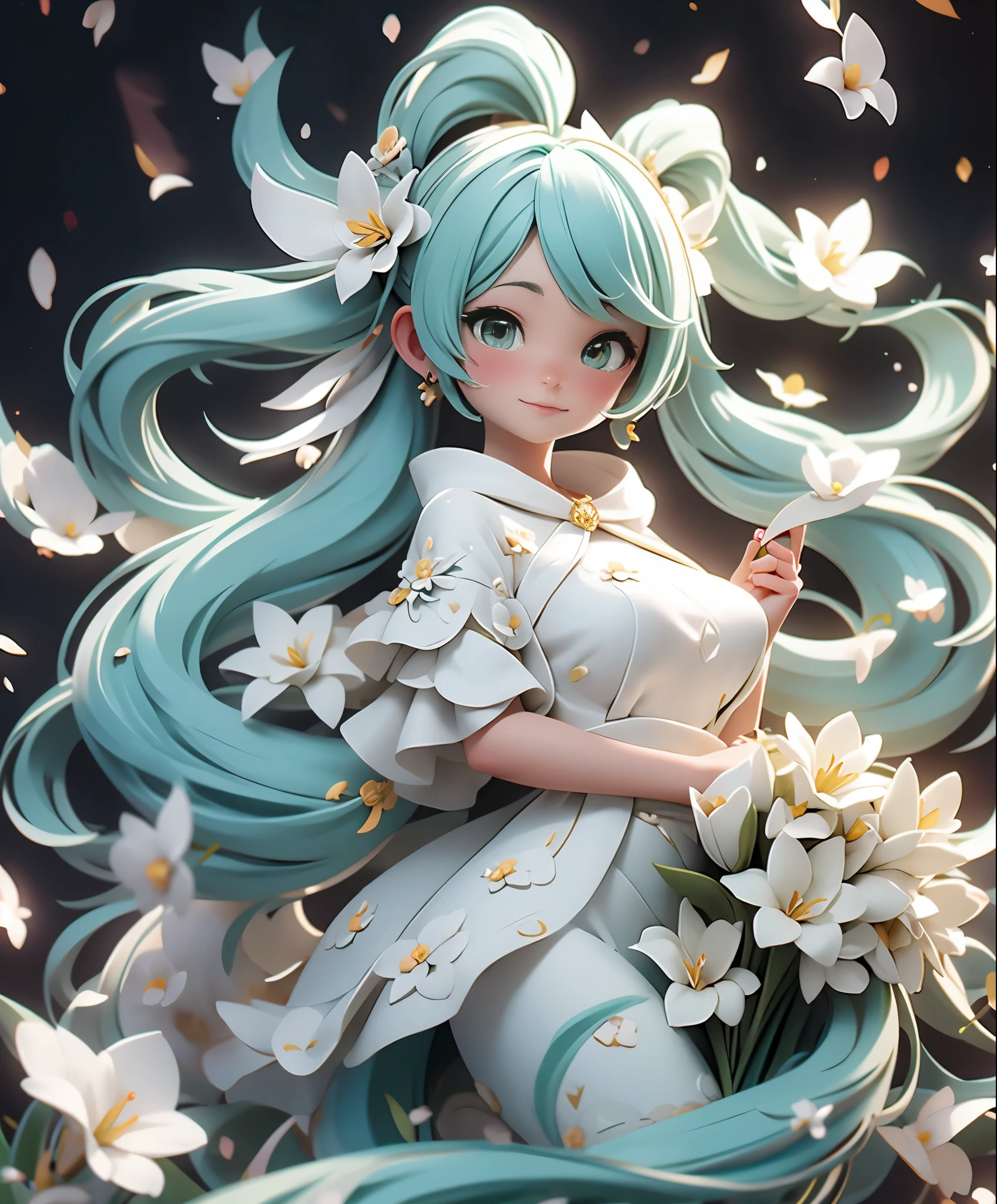(masterpiece、highest quality、highest quality、official art、beautiful beautiful:1.2)、(1 girl:1.3)Hatsune Miku、twin tails,big breasts,Hatsune Miku ブルーヘア , Kagamine Rin yellow hair , White Wedding Dresses, long hair, flower hairpin, wedding bouquet wrapped in white paper, hand caressed hair, The effect of falling white petals, lily, big,