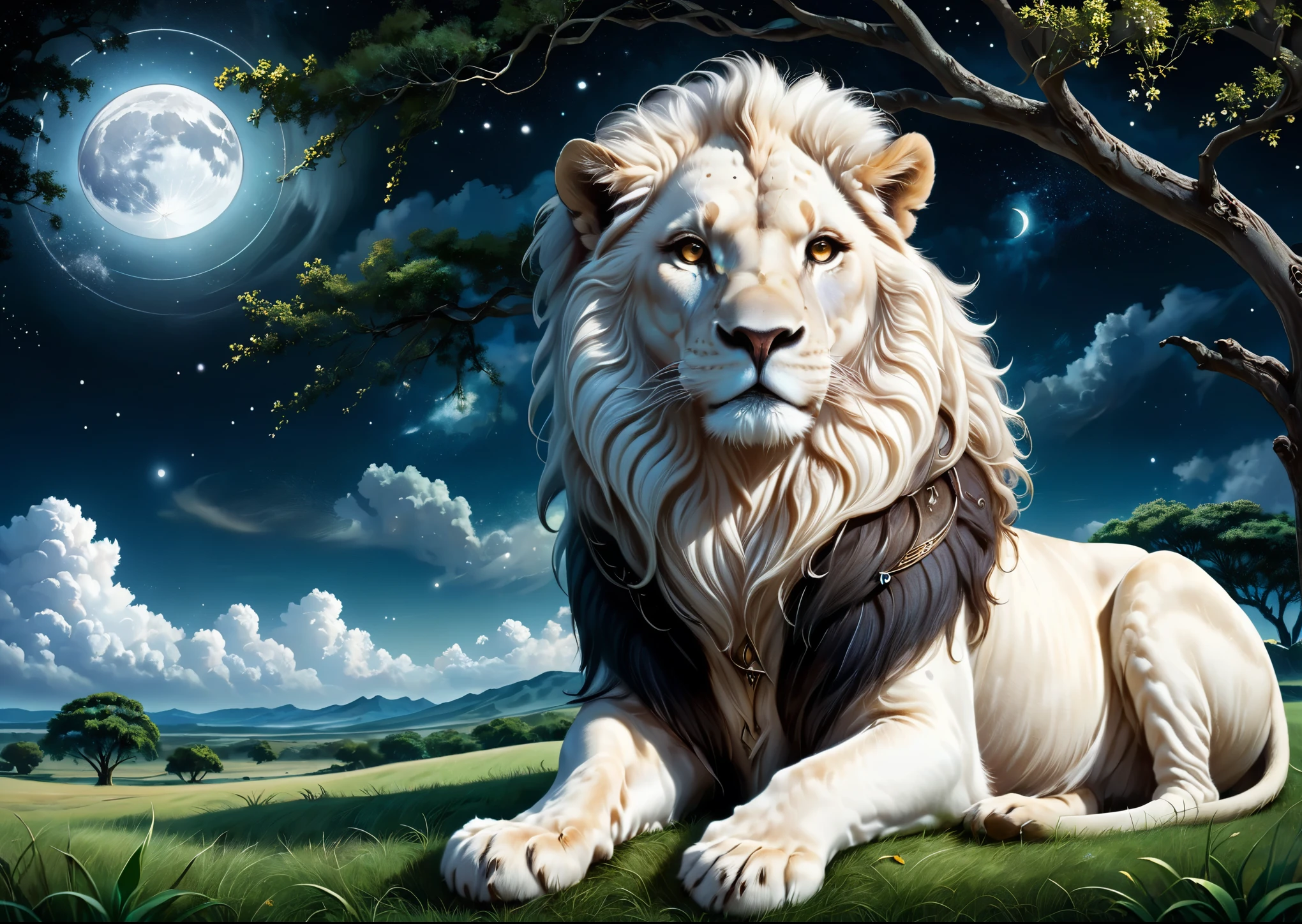 White male lion sitting on a wide grassland、white lion sitting under a big tree、big mane、brown eyes、I can see Orion constellation、moon night、The moon is half hidden in clouds、High color rendering、high detail