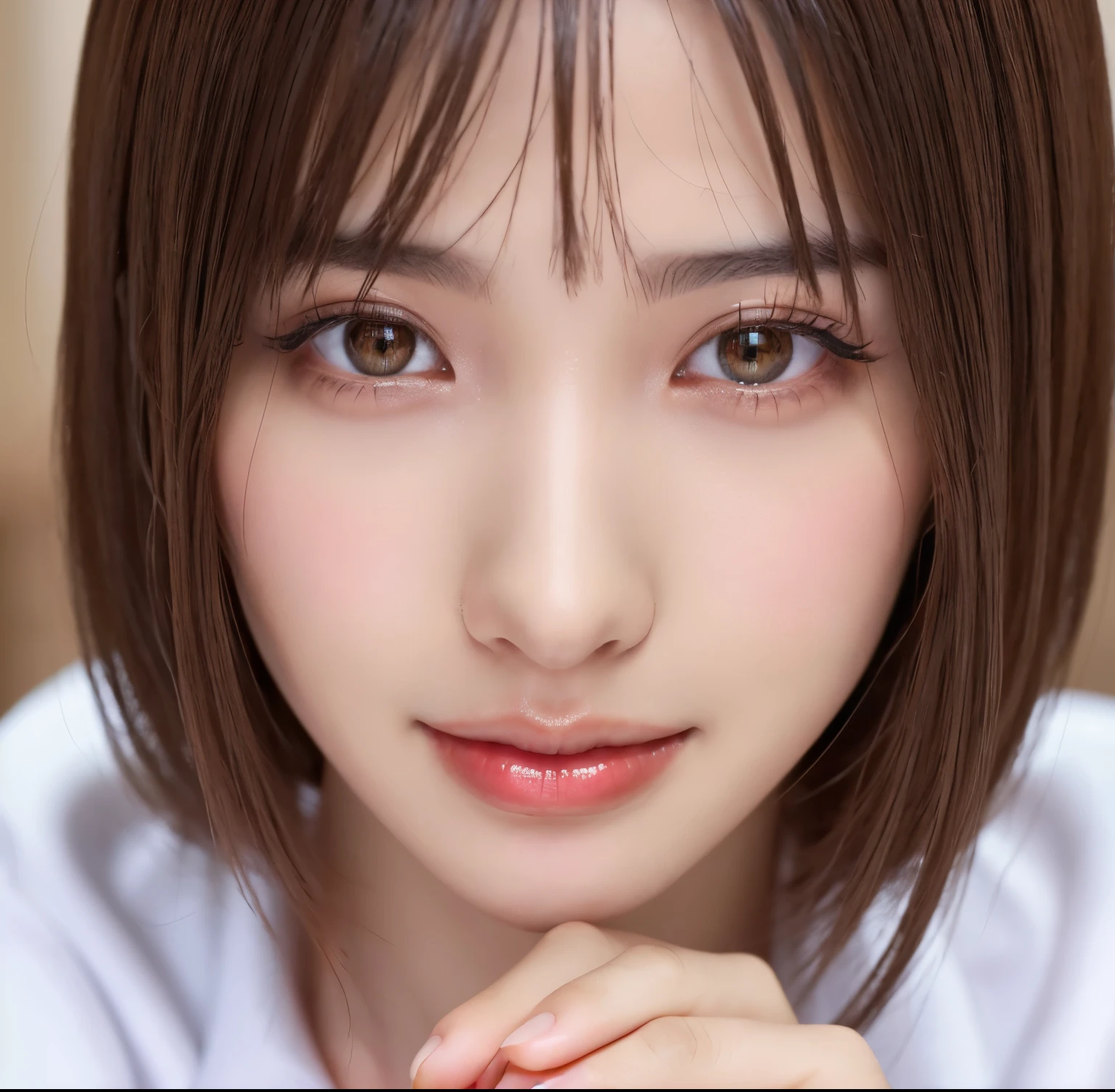 ((Photo from thighs up:1.6))、(Naked beautiful girl:1.4)、(highest quality、table top、8k、best image quality、Award-winning work)、(one young girl, :1.3)、(Beautiful girl who is completely naked:1.5)、(red eyeshadow:1.2)、perfect makeup、long eyelashes、Super high-definition sparkling eyes、ultra high definition hair、ultra high resolution glossy lips、Super high resolution perfect teeth、Super high resolution cute face、bright brown hair:1.4、(very short straight hair:1.1)、look at me and smile、[clavicle]、accurate anatomy、(close up of face:1.5)、Luxury love hotel、(The most moody warm lighting:1.2)、blurred background、With bangs、Super high-resolution glossy and moisturized face、Super high-resolution glowing skin、most detailed face、Ultra high resolution detailed faces、ultra high resolution hair、Super high resolution sparkling eyes、Beautiful face drawn in every detail、Super high resolution glossy red lips