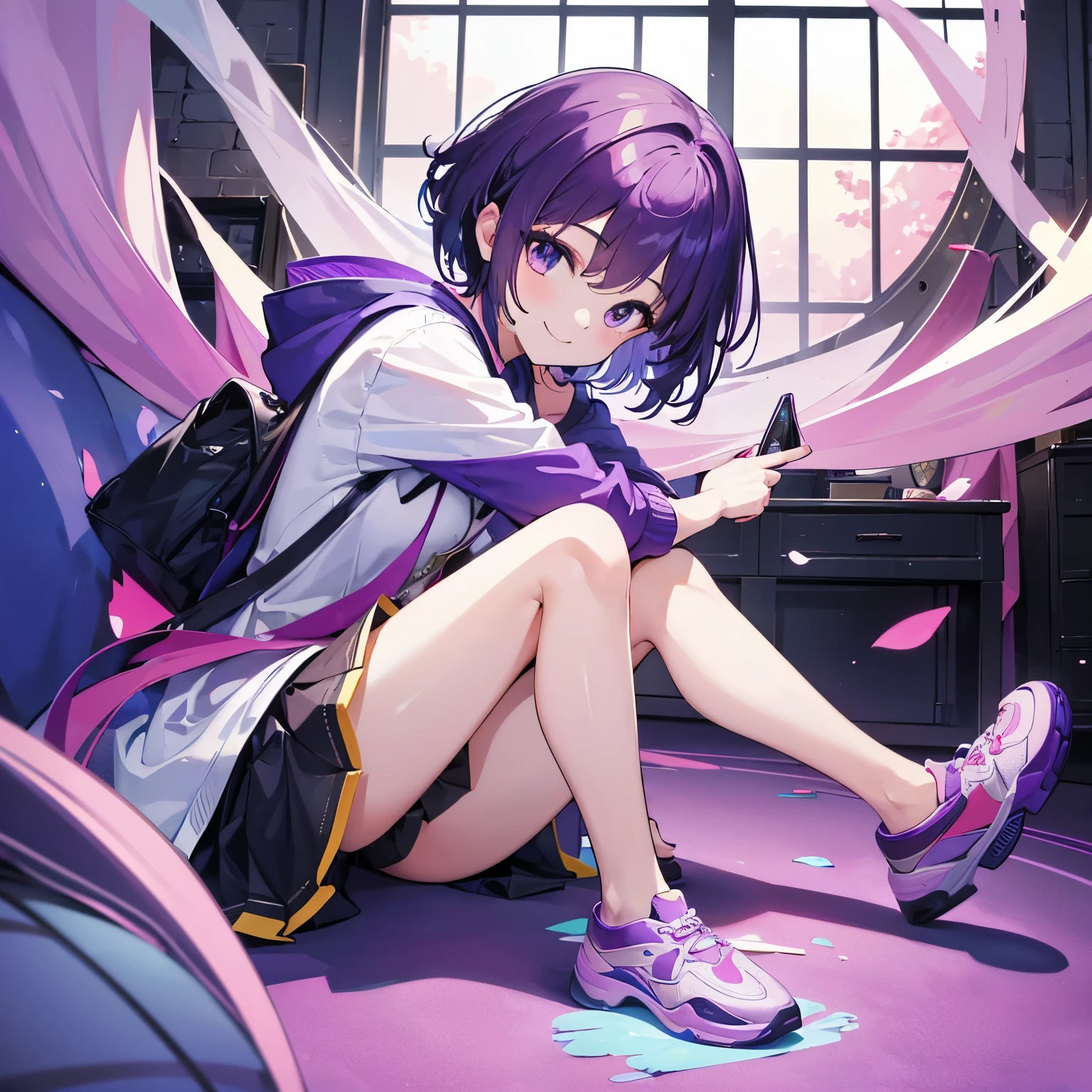 (T Masterpiece,4k wallpaper,best quality))、((girl1people))、(solo)、Shining and vivid,(purple hair)、(shortcut:1.3)、smile、(shoes:1.3)