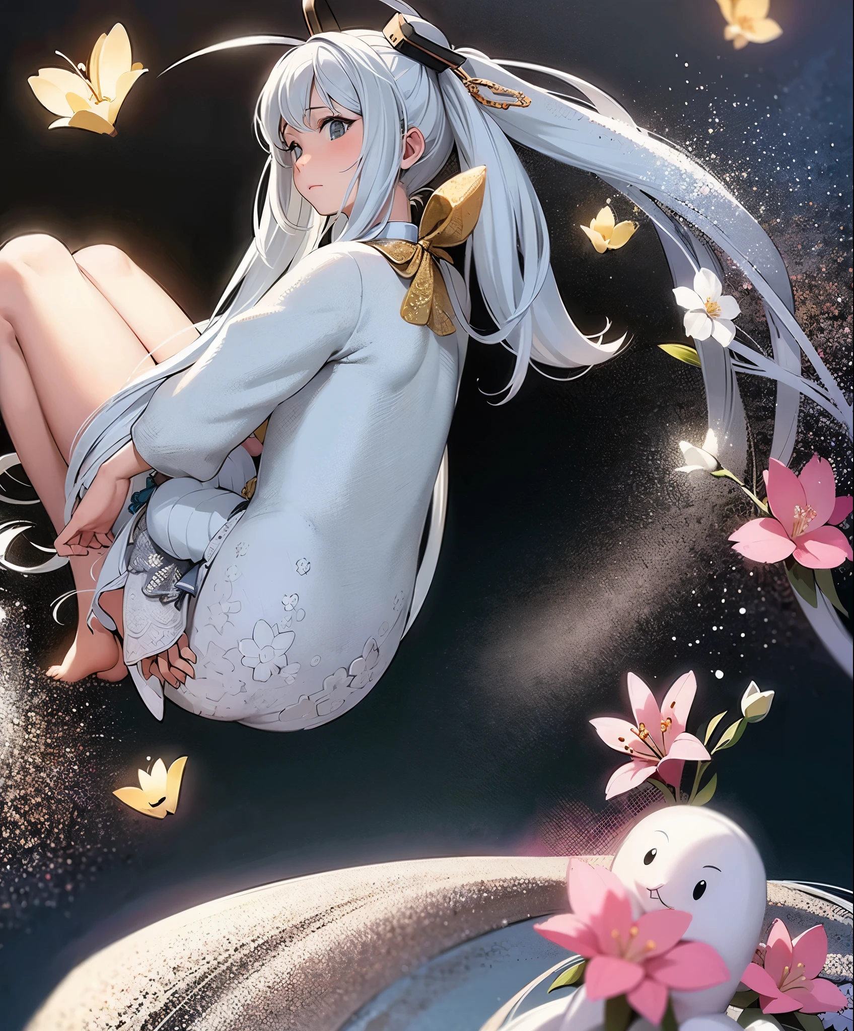 (masterpiece、highest quality、highest quality、official art、beautiful beautiful:1.2)、(1 girl:1.3)Hatsune Miku、twin tails,big breasts,Hatsune Miku ブルーヘア , Kagamine Rin yellow hair , White Wedding Dresses, long hair, flower hairpin, wedding bouquet wrapped in white paper, hand caressed hair, The effect of falling white petals, lily, big,