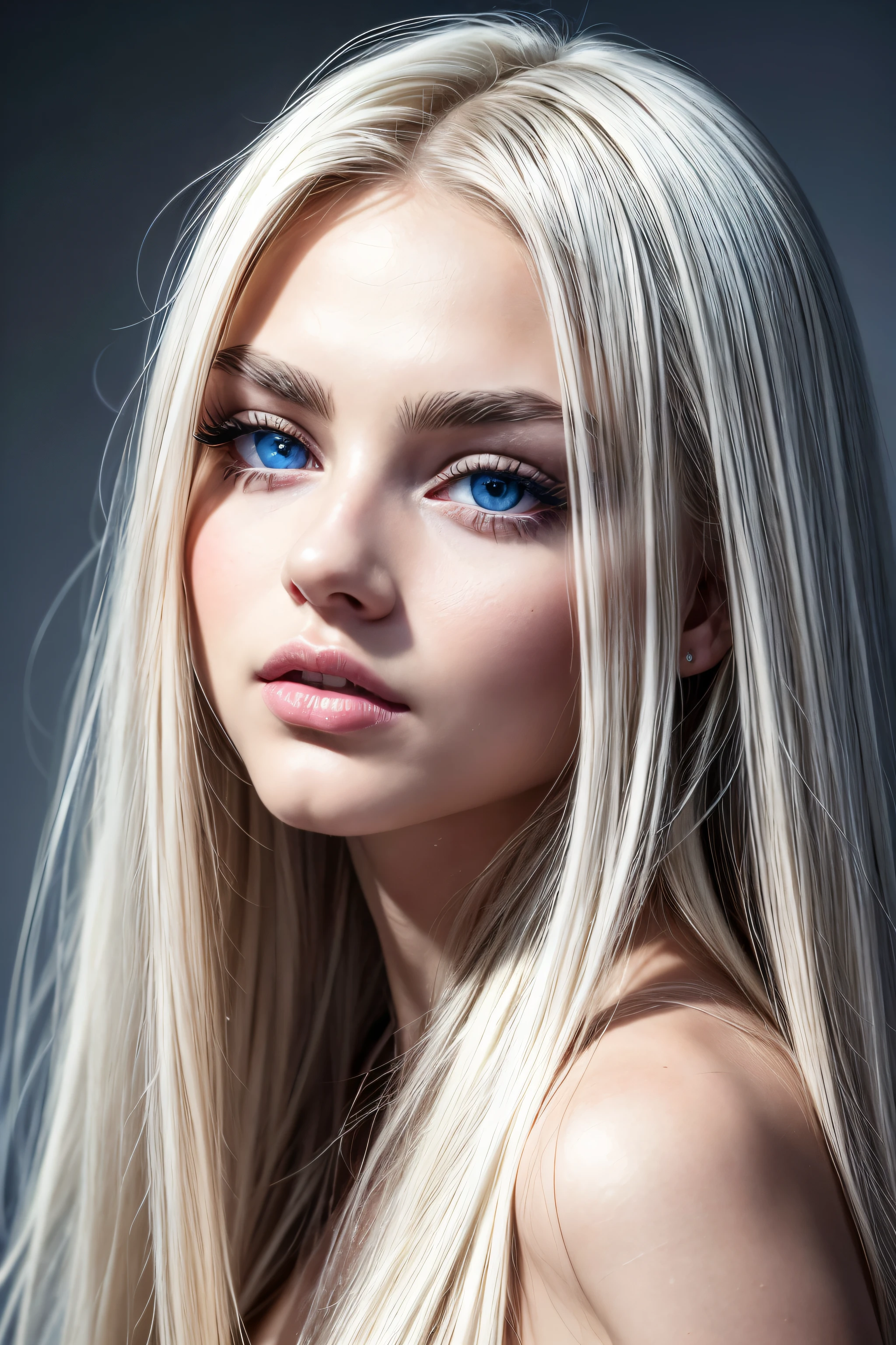 beautiful sexy girl 25 years old ,white long hair ,portreit ,high quality ,best resolution ,detailed ,realistic ,big blue eyes, nice well maintened eyebrows, oval shape of face, plump lips,long eyelashes,tanned skin,sculs ,small sharp nose,