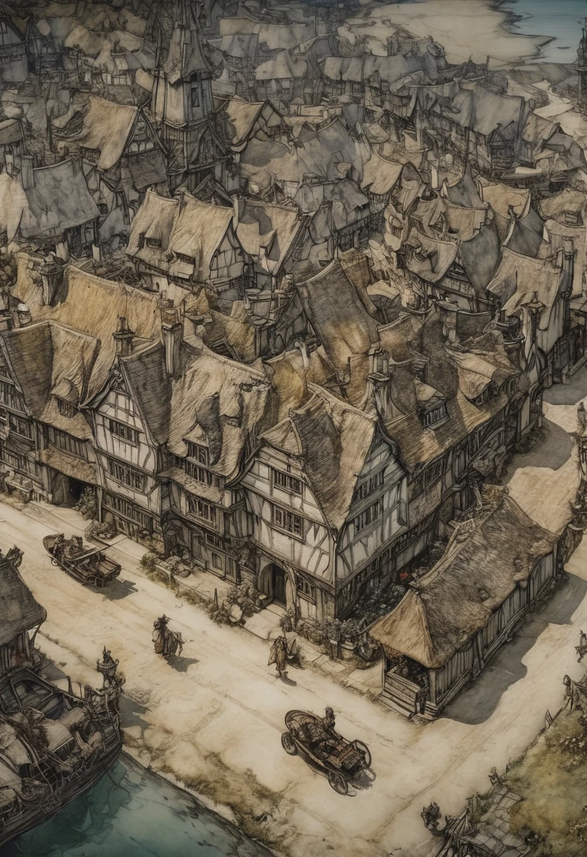 Aerial View, by Arthur Rackham, (best quality, masterpiece, Representative work, official art, Professional, Ultra intricate detailed, 8k:1.3)