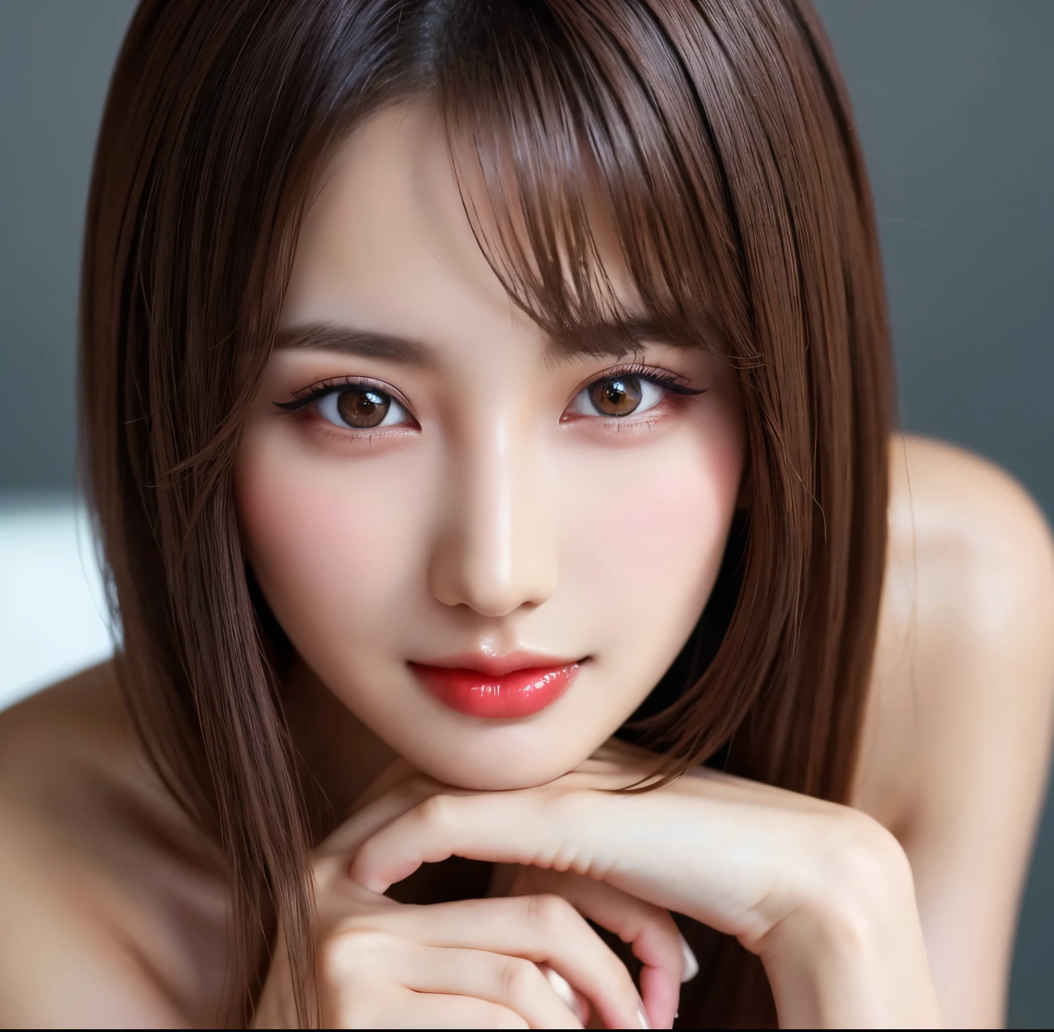 ((Photo from thighs up:1.6))、(Naked beautiful girl:1.4)、(highest quality、table top、8k、best image quality、Award-winning work)、(one young girl, :1.3)、(Beautiful girl who is completely naked:1.5)、(red eyeshadow:1.2)、perfect makeup、long eyelashes、Super high-definition sparkling eyes、ultra high definition hair、ultra high resolution glossy lips、Super high resolution perfect teeth、Super high resolution cute face、bright brown hair:1.4、(very short straight hair:1.1)、look at me and smile、[clavicle]、accurate anatomy、(close up of face:1.5)、standing naked、(The most moody warm lighting:1.2)、blurred background、With bangs、Super high-resolution glossy and moisturized face、Super high-resolution glowing skin、most detailed face、Ultra high resolution detailed faces、ultra high resolution hair、Super high resolution sparkling eyes、Beautiful face drawn in every detail、Super high resolution glossy red lips