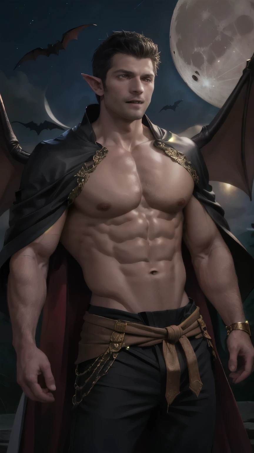 ((best quality)), ((masterpiece)), (detailed), perfect face,Male Body,Perfect Body,Body,Sixpack,perfect Abs,Whole Body,Male face,Whole Body,King,Golden outfits,black hair,shirtless,handsome,arms muscle,Using power,eyes,powerful man, Black loincloth,Look straight,Royal outfits,Vampire male,Fangs vampire,teeth,King Vampire,in the castle, outfits,royal pants,lips,magic ,sparkling ,Elf ears,Moon light,midnight,farmal,bats,flock of bats,supernatural