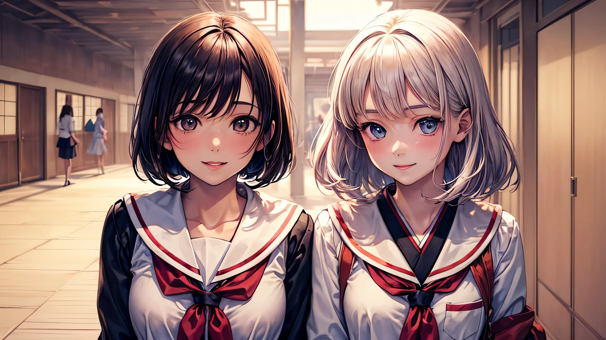(2 girls:1.2), incredibly beautiful face,, shining smile, short bob, (school uniform, mini skirt:1.2), (highest quality: 1.4), (Super detailed), (highest quality:1.4), (super detailed), evening, (Corridor of the Japan-man school), (anime illustration), very high resolution, (Upper body), close up face