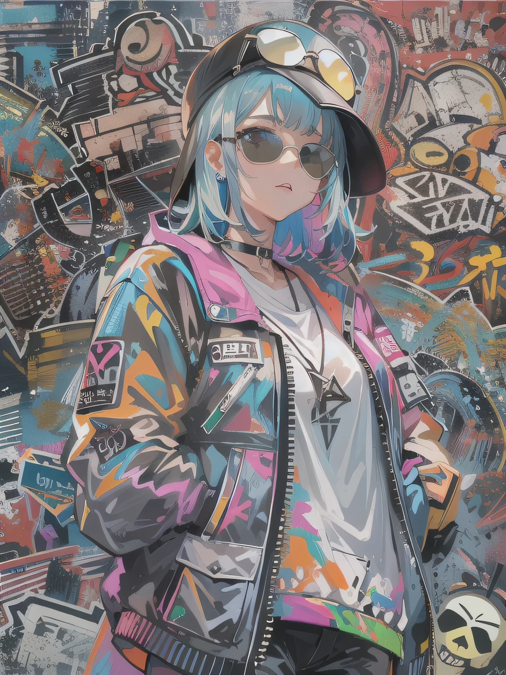 8K resolution、((highest quality))、((masterpiece))、((Super detailed))、1 female、alone、incredibly absurd、 (((The strongest beautiful girl of all time))), (((Stylish sunglasses))), skull fashion、Stylish hats,neon、bob cut hair、 (((graffiti art))), colorful hair, wonderful