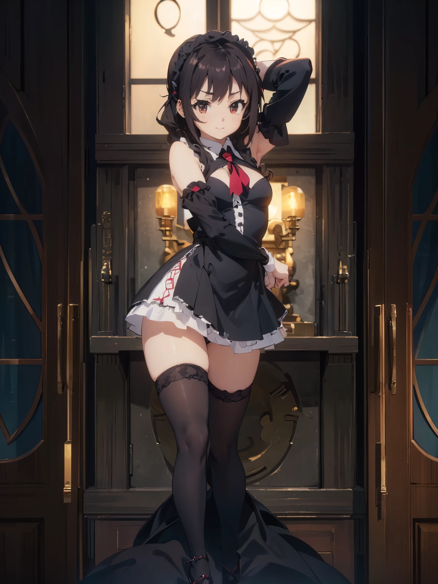 best picture quality, 8K, high quality, masterpiece:1.2), ((masterpiece)), (high detail, high quality, best picture quality), bokeh, DOF, Portrait, open stance, (cute illustration:1.2), (small size breast), nsfw, sexy, seducing, (perfectly balanced anatomy), yunyun, gorgeous palace, sunny days, beautiful light, professional lighting, standing, beautiful light, (gorgeous gothic maid dress with lots of frills:1.2), (sleeveless, detached sleeve, french sleeve, open chest:1.2), extremely cute face, smile, (arms behind head, showing armpits),