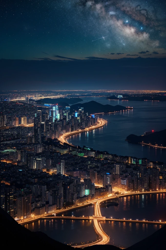 A gorgeous and beautiful night view from the top of the mountain。Create a digital matte painting of a night view from a beautiful mountain in a sci-fi movie。
