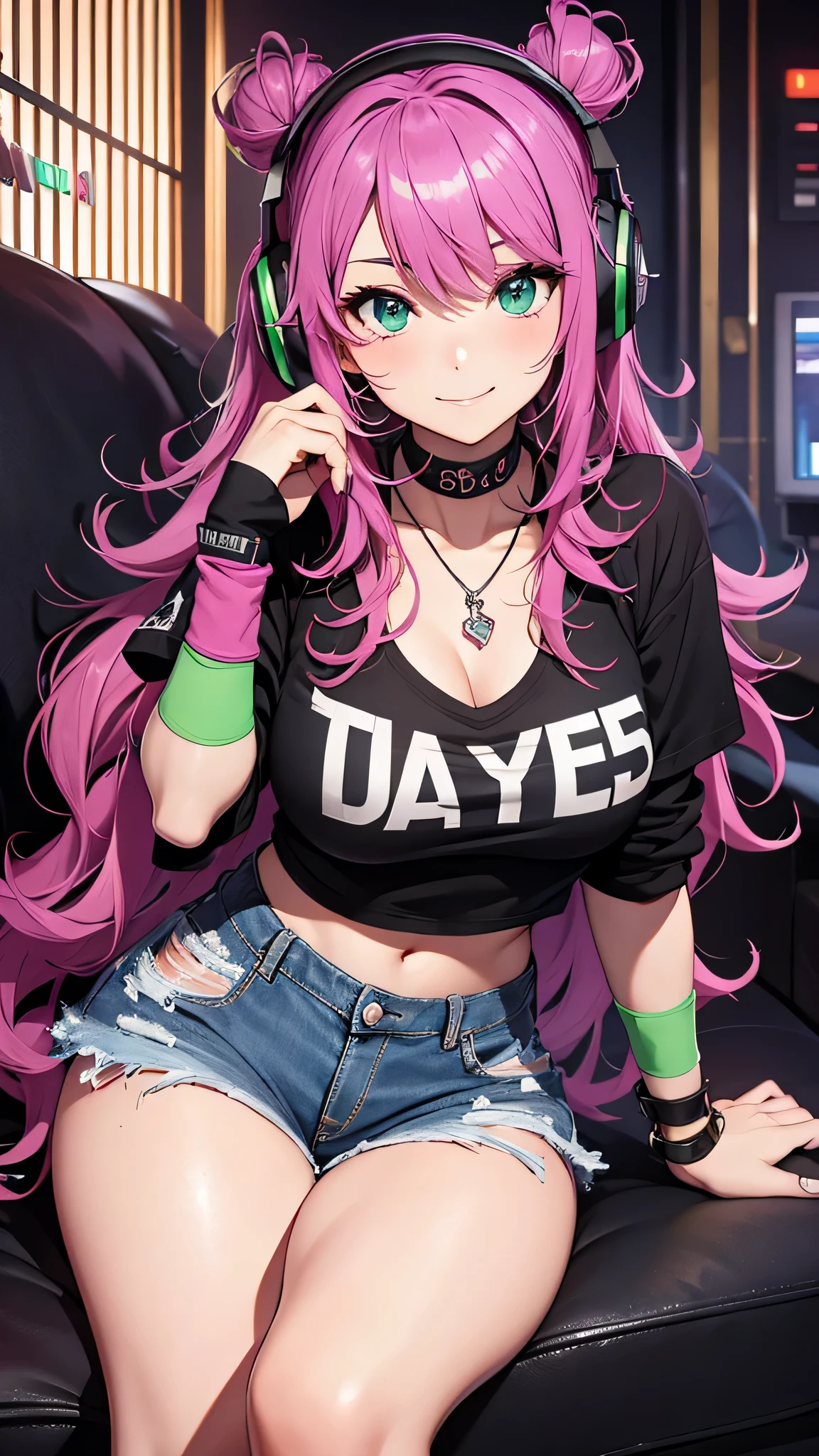 最high quality、best image quality、masterpiece、girl((20-year-old、 By becoming、vest bust、medium bust,wide open breast tea、shining eyes, neon hair、long hair、thin,highest valley、Damaged Denim Shorts、black navel shirt、Damaged Denim Jacket、smile、full body tattoo,diamond earrings、Wristband、necklace、I have headphones、leaning forward、elation、have a controller、Get angry)),high quality、beautiful art、background((game room、red lighting、green lighting))、Flight、debris flies、Depth of written boundary、movie、visual art、perfect art、8k,genuine、