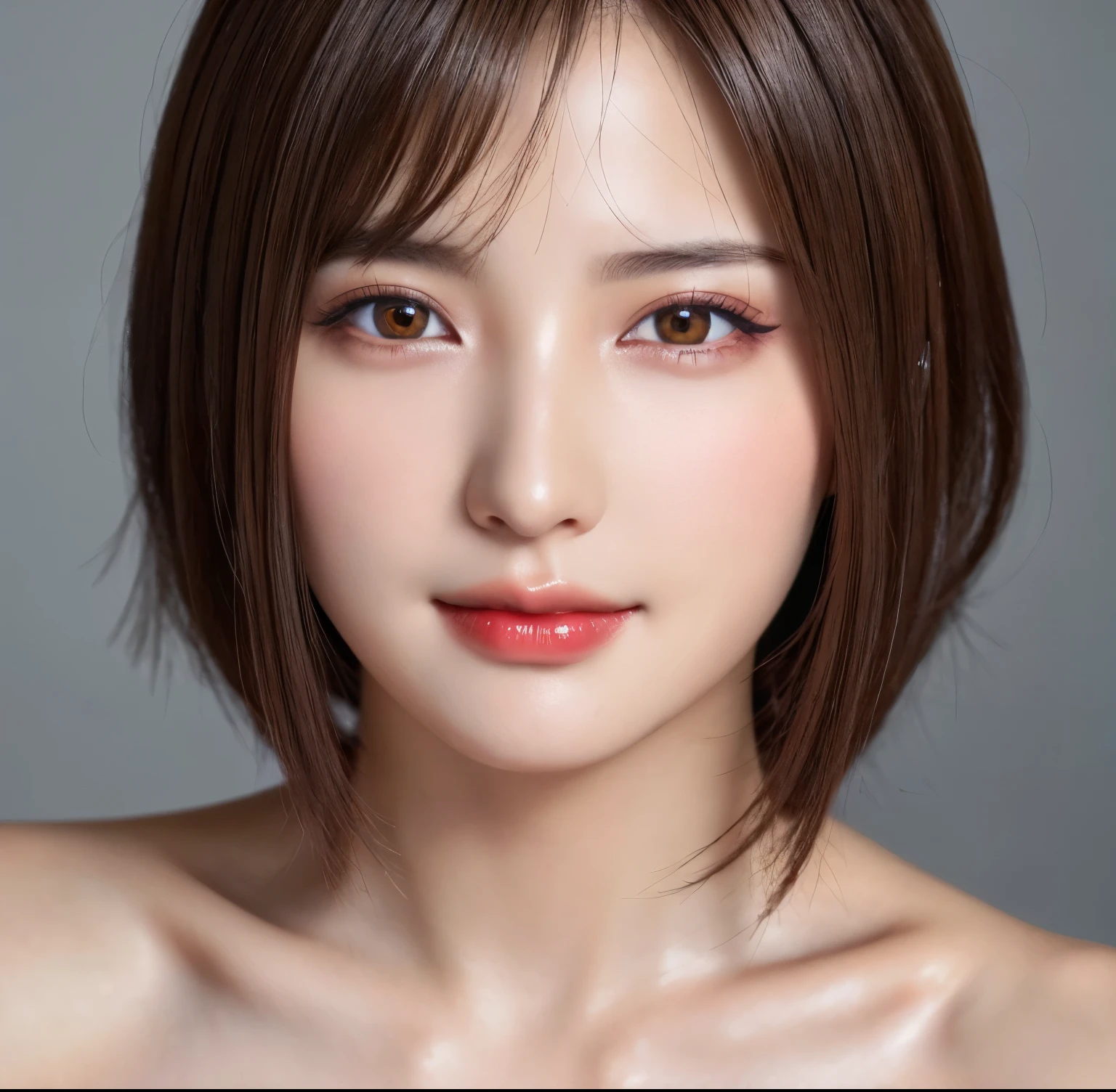 ((Photo from thighs up:1.6))、(Naked beautiful girl:1.4)、(highest quality、table top、8k、best image quality、Award-winning work)、(one young girl, 14 years old:1.3)、(Beautiful girl who is completely naked:1.5)、(red eyeshadow:1.2)、perfect makeup、long eyelashes、Super high-definition sparkling eyes、ultra high definition hair、ultra high resolution glossy lips、Super high resolution perfect teeth、Super high resolution cute face、bright brown hair:1.4、(very short straight hair:1.1)、look at me and smile、[clavicle]、accurate anatomy、(close up of face:1.5)、standing naked、(The most moody warm lighting:1.2)、blurred background、With bangs、Super high-resolution glossy and moisturized face、Super high-resolution glowing skin、most detailed face、Ultra high resolution detailed faces、ultra high resolution hair、Super high resolution sparkling eyes、Beautiful face drawn in every detail、Super high resolution glossy red lips