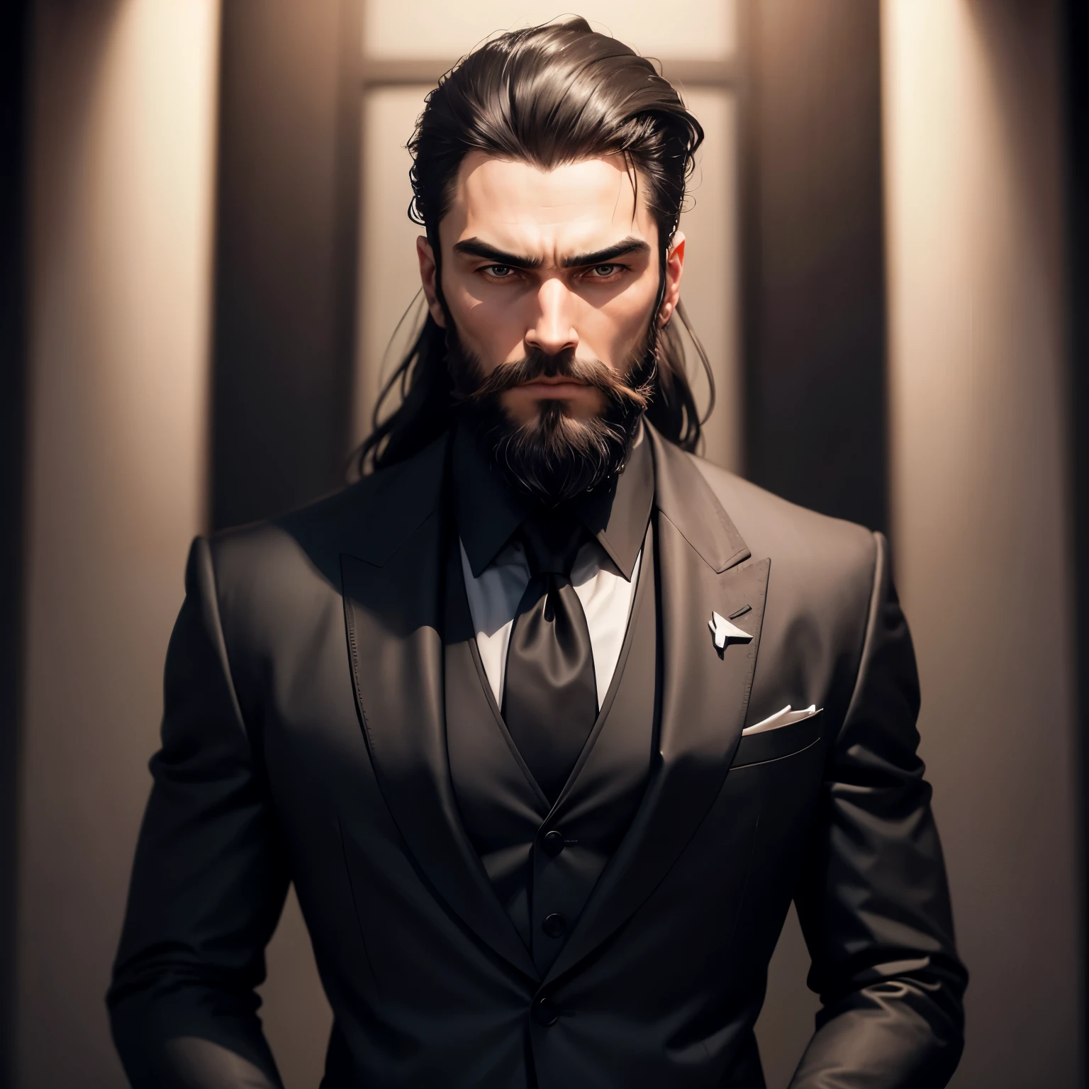 Detailed portrait of a man with beard, serious looking, looking directly at the camera, standing straight, straight hands, square jaws, masculine face, long slick back hair, black appearance, wearing a formal suit, detailed clothing texture, realistic skin texture, sharp black background, focus on front view, waist up, high contrast shot, strong backlighting, movie Action Dark Color Lot Cinema Lot.”