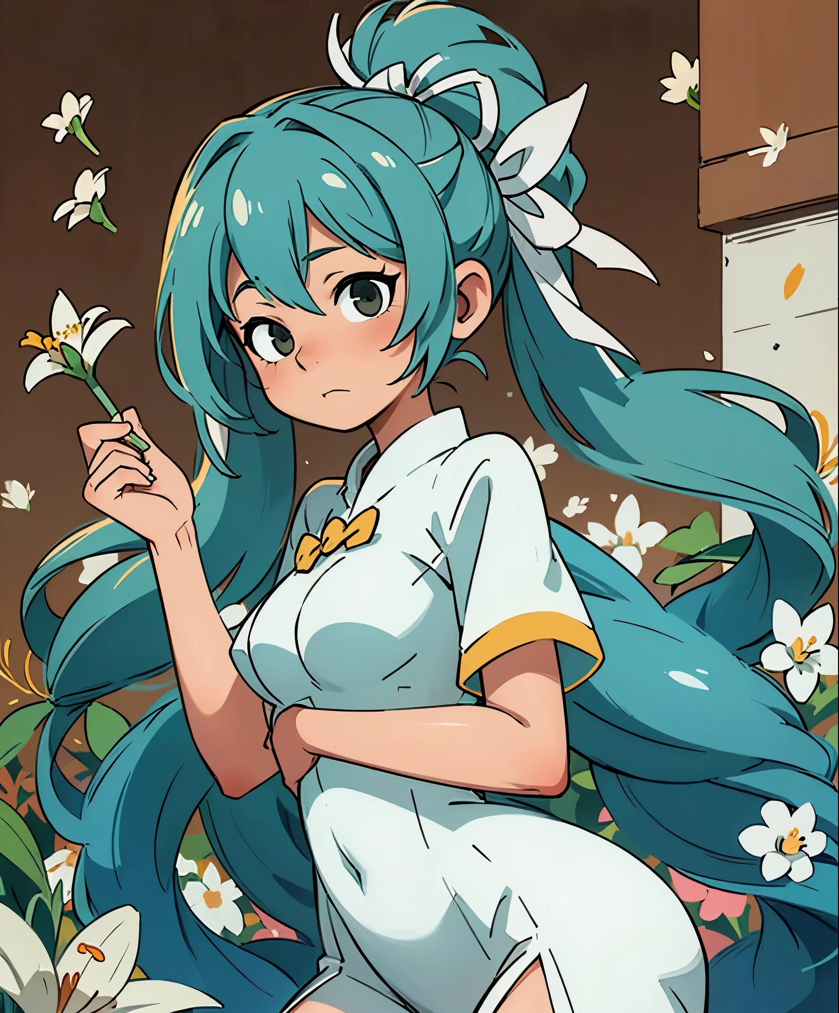 (masterpiece、highest quality、highest quality、official art、beautiful beautiful:1.2)、(1 girl:1.3)Hatsune Miku、twin tails,big breasts,Hatsune Miku ブルーヘア , Kagamine Rin yellow hair , White Wedding Dresses, long hair, flower hairpin, wedding bouquet wrapped in white paper, hand caressed hair, The effect of falling white petals, lily, big,