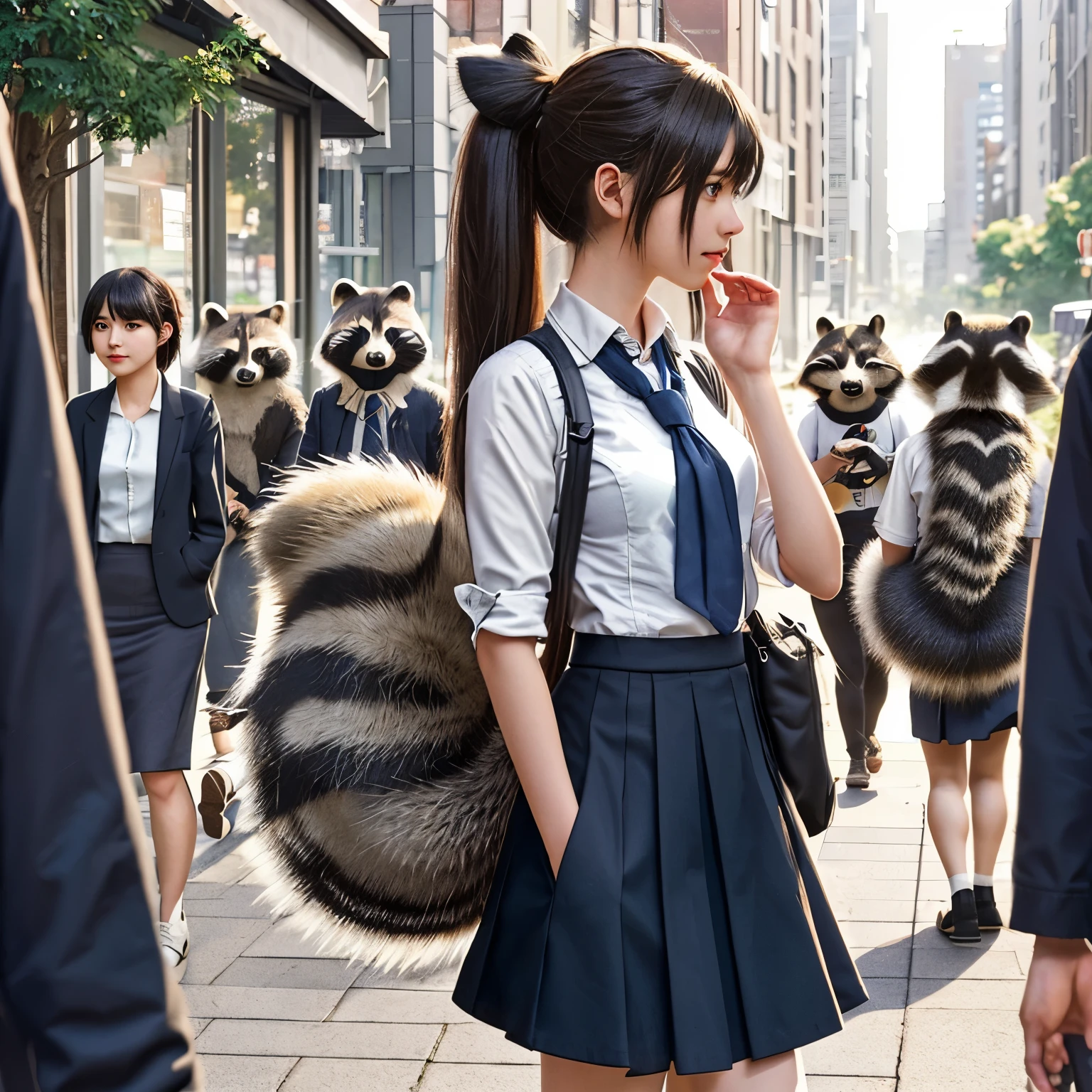 Anime girl with a raccoon tail growing out of her skirt, realisticstyle at pixiv, realistic style, city street behind her, realistic狸, realistic , anthropomorphic raccoon dog, bushy tail, photograph, highest quality