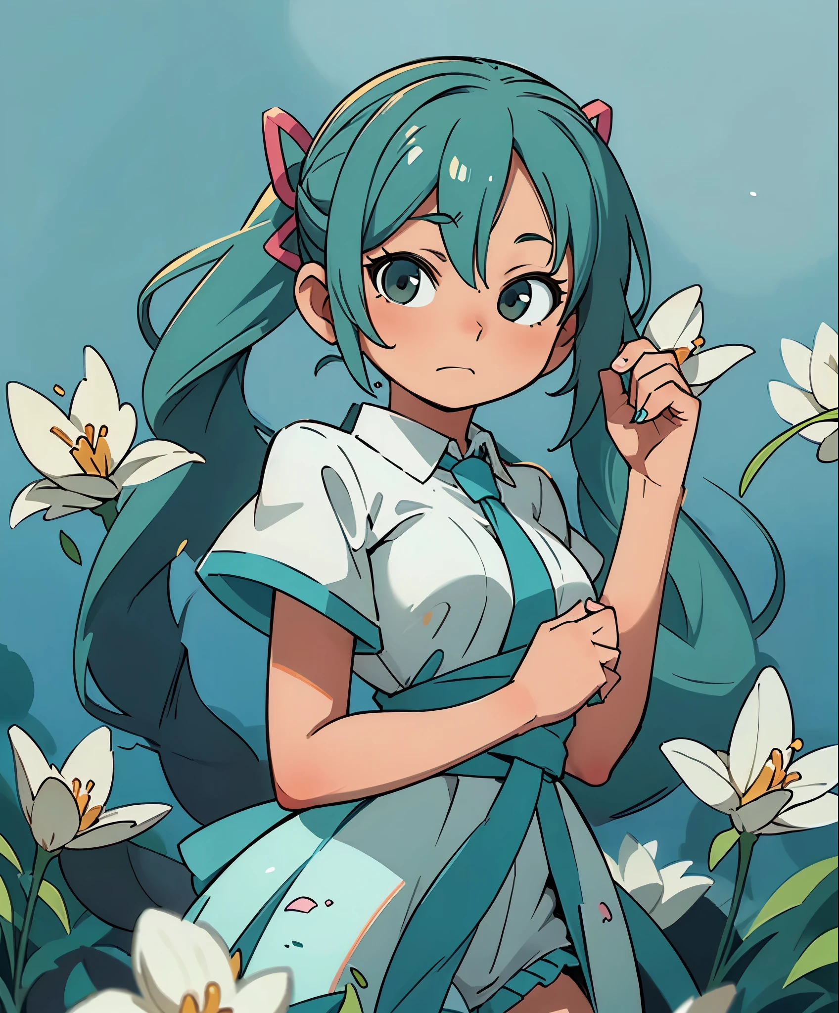 (masterpiece、highest quality、highest quality、official art、beautiful beautiful:1.2)、(1 girl:1.3)Hatsune Miku、twin tails,big breasts,Hatsune Miku ブルーヘア , Kagamine Rin yellow hair , White Wedding Dresses, long hair, flower hairpin, wedding bouquet wrapped in white paper, hand caressed hair, The effect of falling white petals, lily, big,