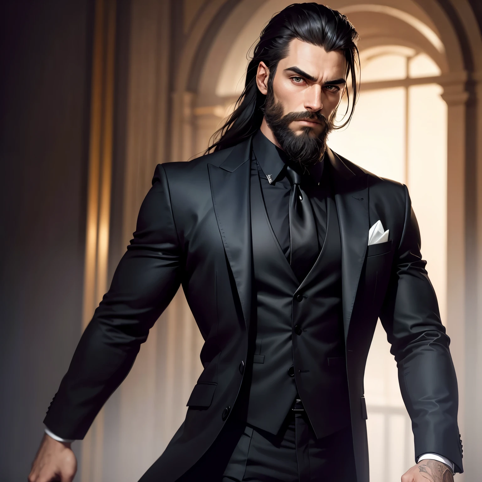 Detailed portrait of a man with beard, serious looking, looking directly at the camera, standing straight, straight hands, square jaws, masculine face, long slick back hair, black appearance, wearing a formal suit, detailed clothing texture, realistic skin texture, sharp black background, focus on front view, waist up, high contrast shot, strong backlighting, movie Action Dark Color Lot Cinema Lot.”