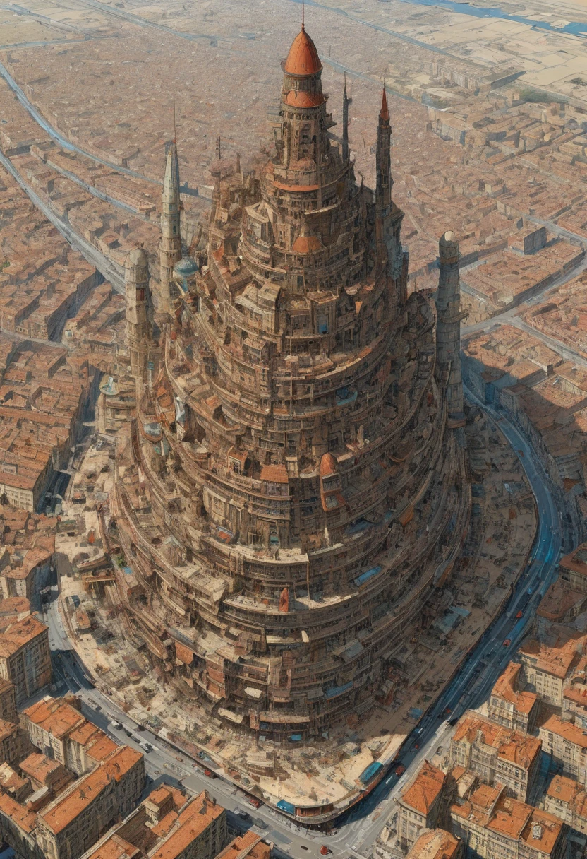 Aerial View, by Jean Giraud, best quality, masterpiece, 8k, Representative work, official art, Professional, Ultra intricate detailed
