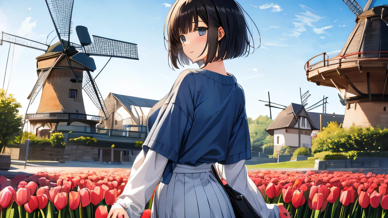 1 female、28 years old、beautiful hair, black hair、shortcut、bob cut、Rear view、can'Because I can't see your face'facing backwards、light blue knit sweater、white long skirt、brown boots、Park with tulips and Dutch windmills、1 femaleで歩いている