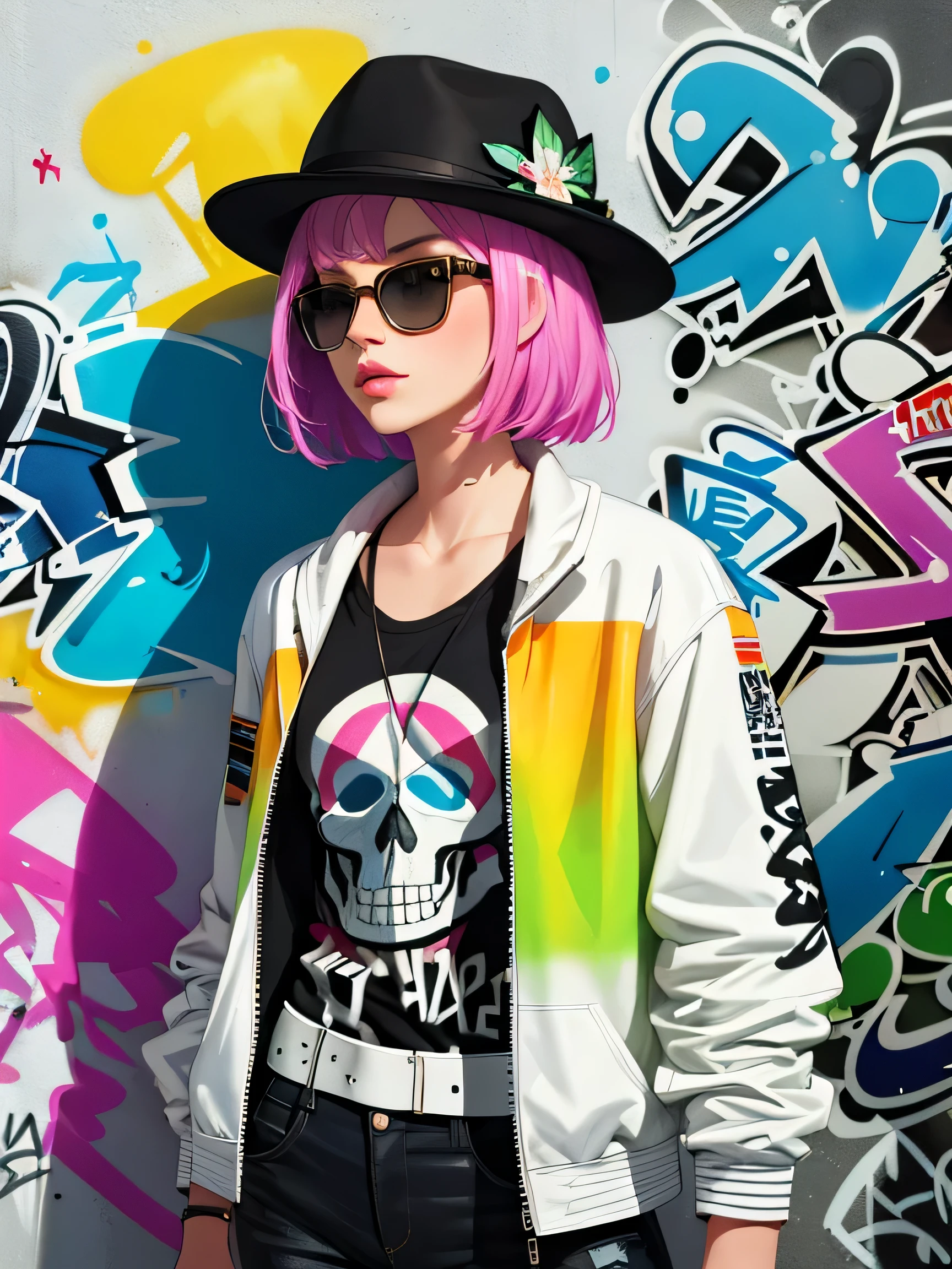 8K quality, watercolor painting, stylish figure, (((The strongest beautiful girl of all time))), gal, Stylish sunglasses, Stylish hats, (((highest quality))), bob hair, Place your hands on the wall, HDR, Detailed details, skull fashion, detailed clothing texture, (((graffiti art))), colorful hair, ((masterpiece))、((Super detailed))