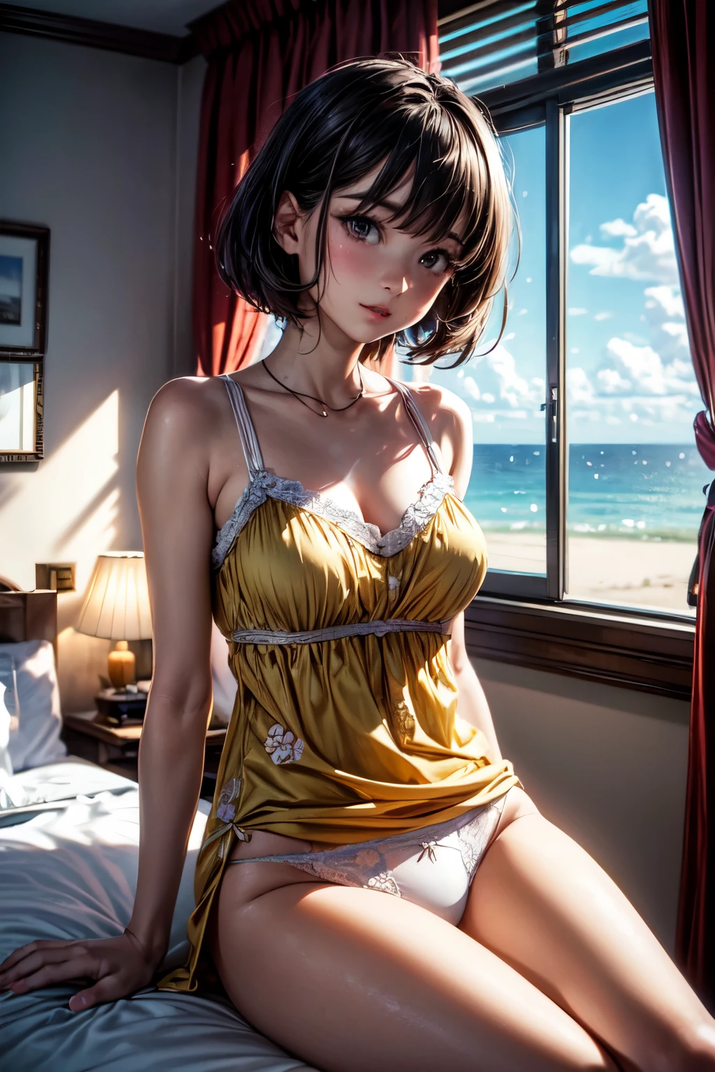 very cute and beautiful girl sitting near window,(floral yellow summer dress with detailed frills),sleeveless,detailed lace,(spread legs,white panties),
(highly detailed beautiful face),antique hotel bedroom with outside view,distant trees and ocean,
laugh,blush,black hair,
(best quality,masterpiece:1.2),absurdres,highres,ultra-detailed,extremely detailed,32k,8k resolution,
intricate details,cinematic scene,detailed background,solo,dynamic angle,
natural lighting,light particles,beautiful detailed sky,