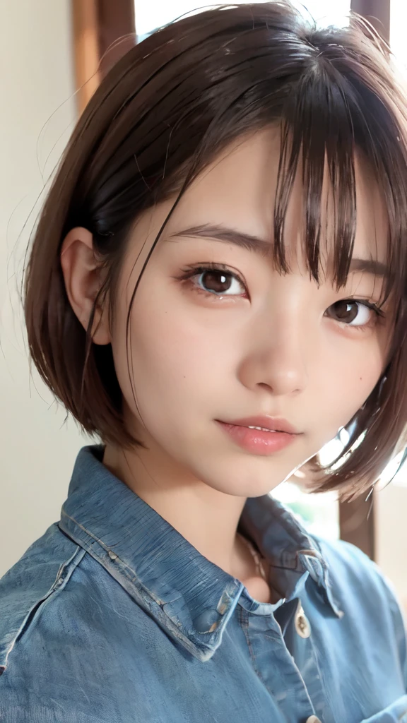 ((masterpiece)), ((highest quality)), (super detailed), ((cute)), cute, (Lovely), ((very detailed)), 4k, (8k), highest quality, (beautiful), ((smile)),figure, face zoom,front、looking at the camera、Japanese,Beautiful woman, Japanese, alone, (Denim fabric shirt:1.3), beautiful red hair, beautiful brown eyes, ((beautiful eyes)), short wavy hair, bob cut, Lens flare, shiny、shine, Sweat, (sunbeam, sunlight)