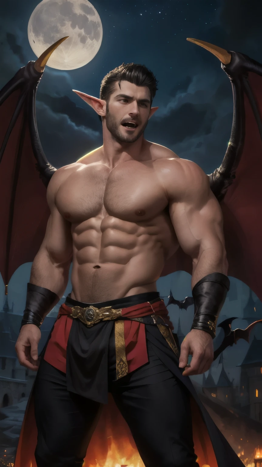 ((best quality)), ((masterpiece)), (detailed), perfect face,Male Body,Perfect Body,Body,Sixpack,perfect Abs,Whole Body,Male face,Whole Body,King,Golden outfits,black hair,shirtless,handsome,arms muscle,Using power,eyes,powerful man, Black loincloth,Look straight,Royal outfits,Vampire male,Fangs vampire,teeth,King Vampire,in the castle, outfits,royal pants,lips,magic ,sparkling ,Elf ears,Moon light,midnight,farmal,bats,flock of bats,supernatural,Bat wings