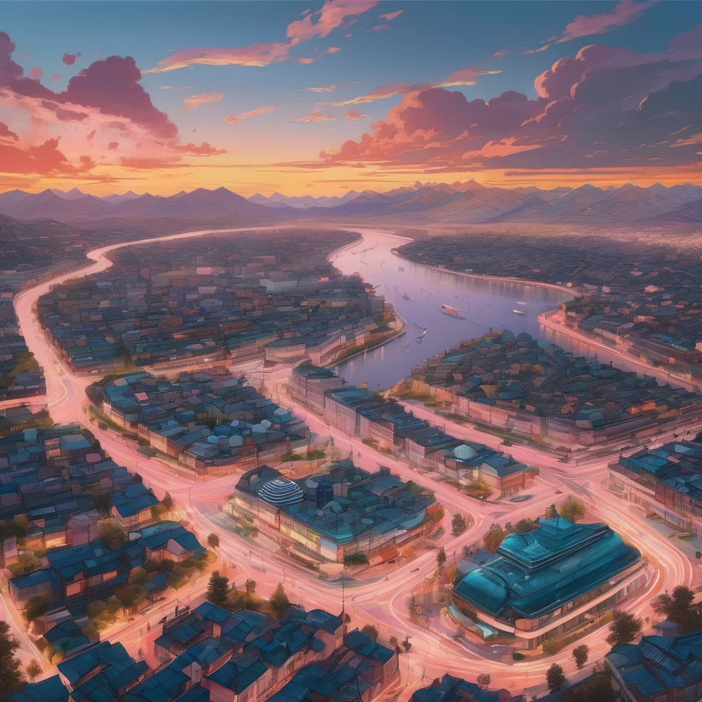 Aerial View, aesthetic, extremely detailed, color photo of Aerial View,vivid hues,sharp contrasts,majestic landscapes below,snaking rivers,patchwork fields,urban sprawl,sun glinting off skyscrapers,plush greenery,distant mountains,shifting clouds,scarce shadows,nature's tapestry from above,night descending,transition from daylight to dusk,artificial lights flickering to life,twilight's final embers,velvety darkness enveloping,skyline silhouettes,ambient city glow,subdued tones,ethereal tranquility,Canon EOS 5D Mark IV,Kodak Portra 160 film,24-70mm f/2.8L lens,long exposure,high altitude stabilization,David Lynch,Stanley Kubrick,Wes Anderson,Vivienne Westwood,Alexander McQueen,Tim Walker