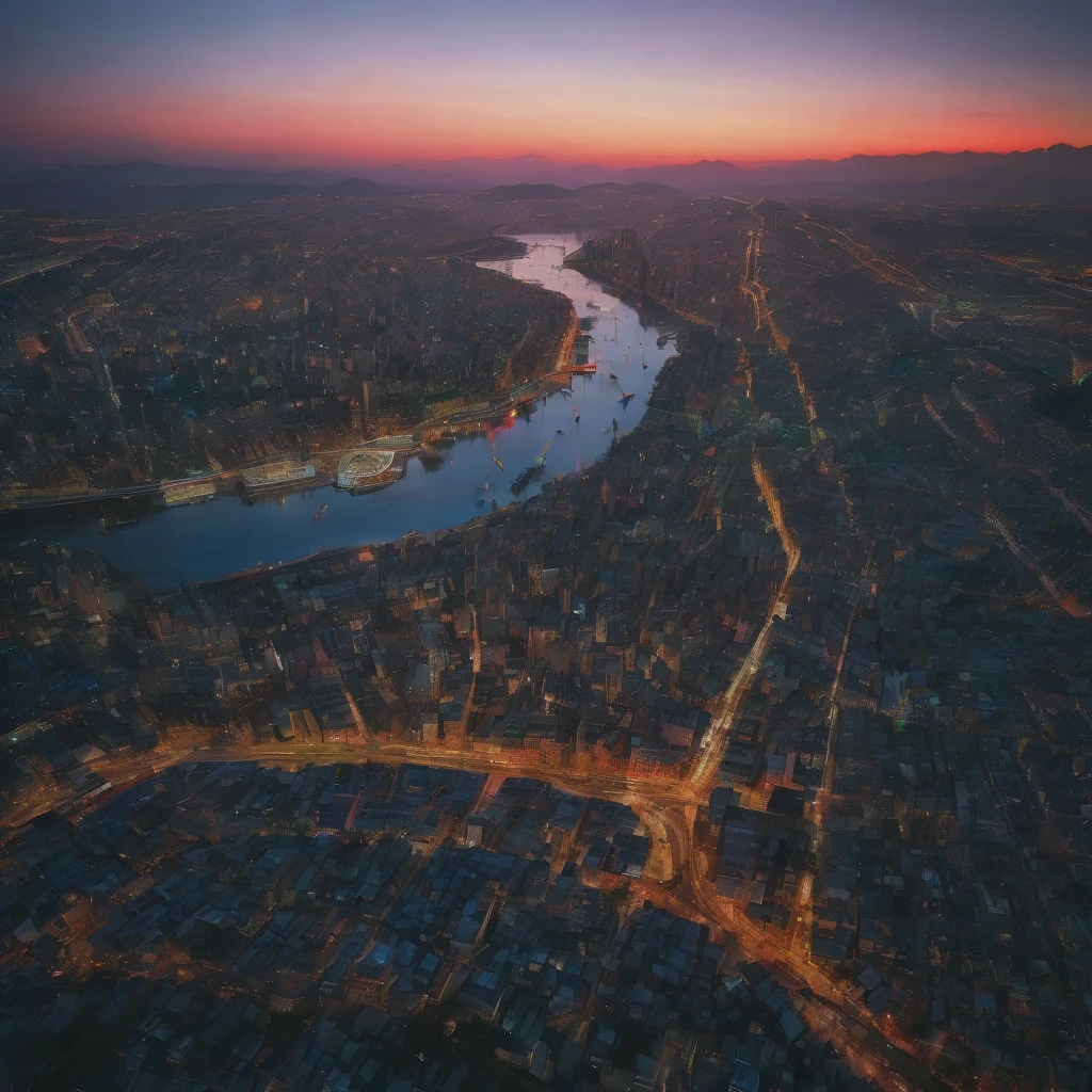 Aerial View, aesthetic, extremely detailed, color photo of Aerial View,vivid hues,sharp contrasts,majestic landscapes below,snaking rivers,patchwork fields,urban sprawl,sun glinting off skyscrapers,plush greenery,distant mountains,shifting clouds,scarce shadows,nature's tapestry from above,night descending,transition from daylight to dusk,artificial lights flickering to life,twilight's final embers,velvety darkness enveloping,skyline silhouettes,ambient city glow,subdued tones,ethereal tranquility,Canon EOS 5D Mark IV,Kodak Portra 160 film,24-70mm f/2.8L lens,long exposure,high altitude stabilization,David Lynch,Stanley Kubrick,Wes Anderson,Vivienne Westwood,Alexander McQueen,Tim Walker