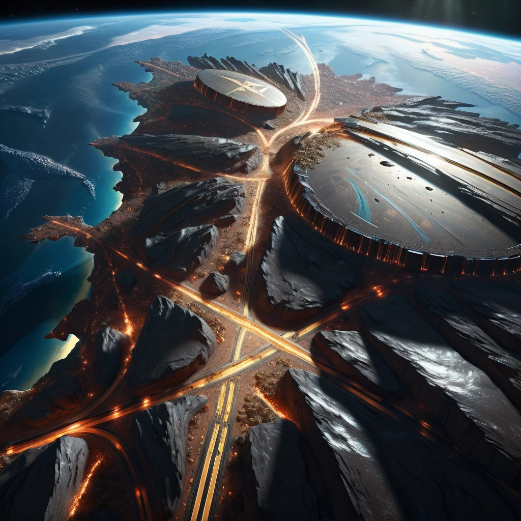 Fantasy hyperrealism digital art depicting Earth as viewed from the ISS, featuring hyper-detailed textures, a compelling vanishing point that leads to a superhighway illusion with a sensation of high speed, crafted in the style of notable artists like Beeple, Noah Bradley, Cyril Rolando, and Ross Tran, a piece that would trend on ArtStation, outer space ambiance, ultra-clear digital render., visuals at a stunning 8K, blending photorealistic concept art with the refined illumination of soft, cinematic composition, masterpiece-level oil painting, ultra-detailed, high contrast shadows emphasizing the grave markers, evoking the film's classic cinematography. High Resolution, High Quality, Masterpiece.best quality, masterpiece, super detail