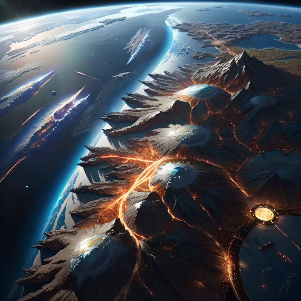 Fantasy hyperrealism digital art depicting Earth as viewed from the ISS, featuring hyper-detailed textures, a compelling vanishing point that leads to a superhighway illusion with a sensation of high speed, crafted in the style of notable artists like Beeple, Noah Bradley, Cyril Rolando, and Ross Tran, a piece that would trend on ArtStation, outer space ambiance, ultra-clear digital render., visuals at a stunning 8K, blending photorealistic concept art with the refined illumination of soft, cinematic composition, masterpiece-level oil painting, ultra-detailed, high contrast shadows emphasizing the grave markers, evoking the film's classic cinematography. High Resolution, High Quality, Masterpiece.best quality, masterpiece, super detail