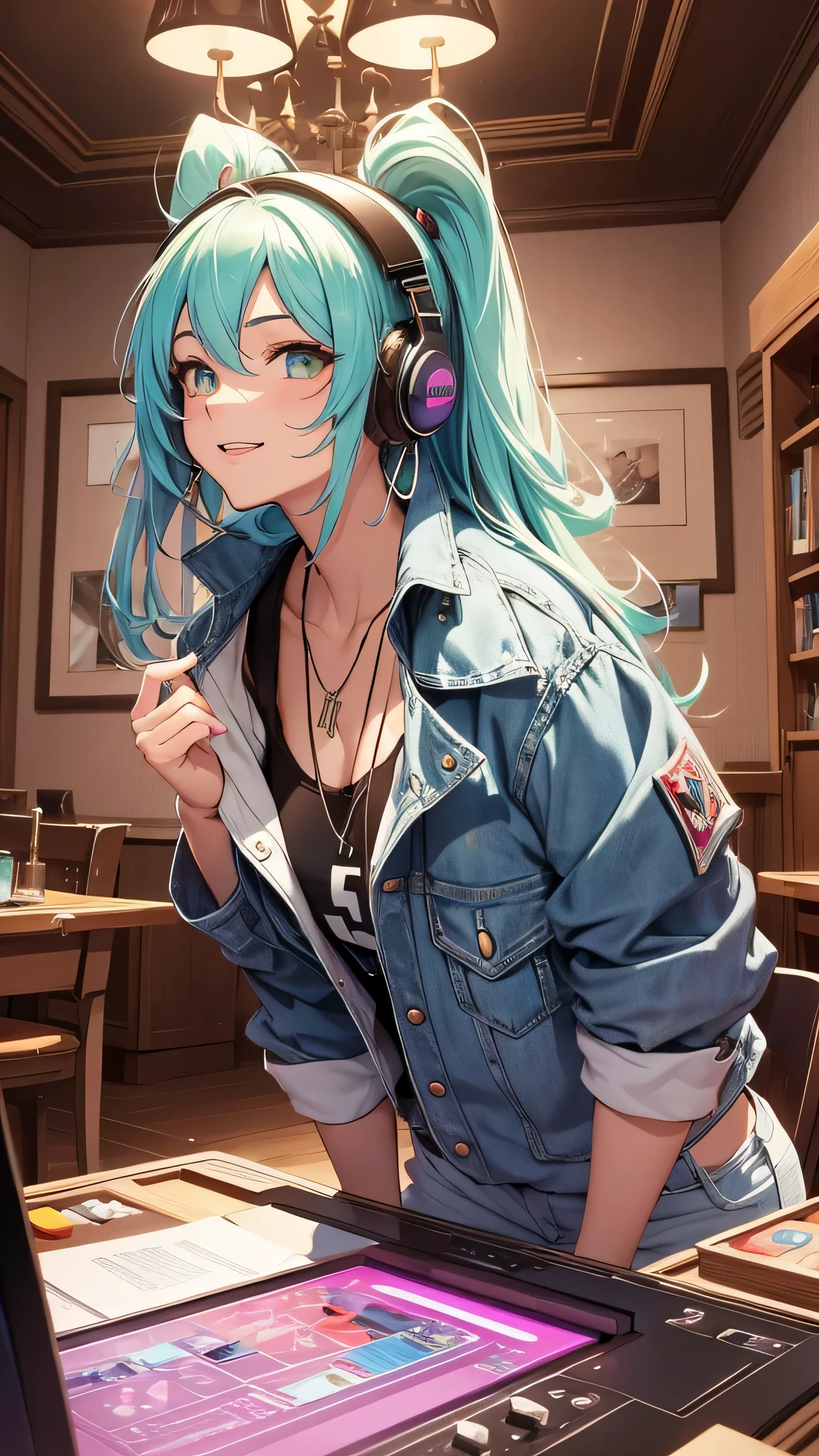 最high quality、best image quality、masterpiece、girl((20-year-old、 By becoming、vest bust、medium bust,wide open breast tea、shining eyes, neon hair、long hair、thin,highest valley、Damaged Denim Shorts、black navel shirt、Damaged Denim Jacket、smile、full body tattoo,diamond earrings、Wristband、necklace、I have headphones、leaning forward、elation、have a controller、Get angry)),high quality、beautiful art、background((game room、red lighting、green lighting))、Flight、debris flies、Depth of written boundary、movie、visual art、perfect art、8k,genuine、