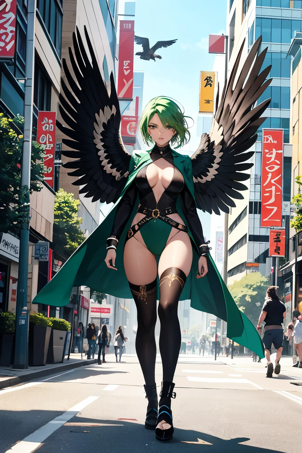 A green giant Hawk, with feathers as vibrant as the lush emerald forests, strides boldly through the bustling streets of Tokyo. Its towering figure, standing at an impressive height, elicits awe from onlookers as it gracefully navigates the concrete jungle. Three-dimensional facial features define the hawk's expressive, highly detailed face, with captivating amber eyes piercing through the urban haze. As it walks, the hawk's wings cast dramatic, shifting shadows upon the pavement, and the sun's rays reflect off its metallic beak, creating a breathtaking scene.

Passers-by pause, mesmerized