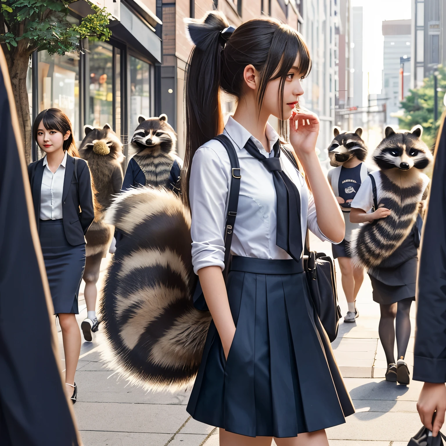 A real girl who grew a raccoon tail and jumped out of her skirt., realisticstyle at pixiv, realistic style, city street behind her, realistic狸, realistic , anthropomorphic raccoon dog, bushy tail, photograph, highest quality