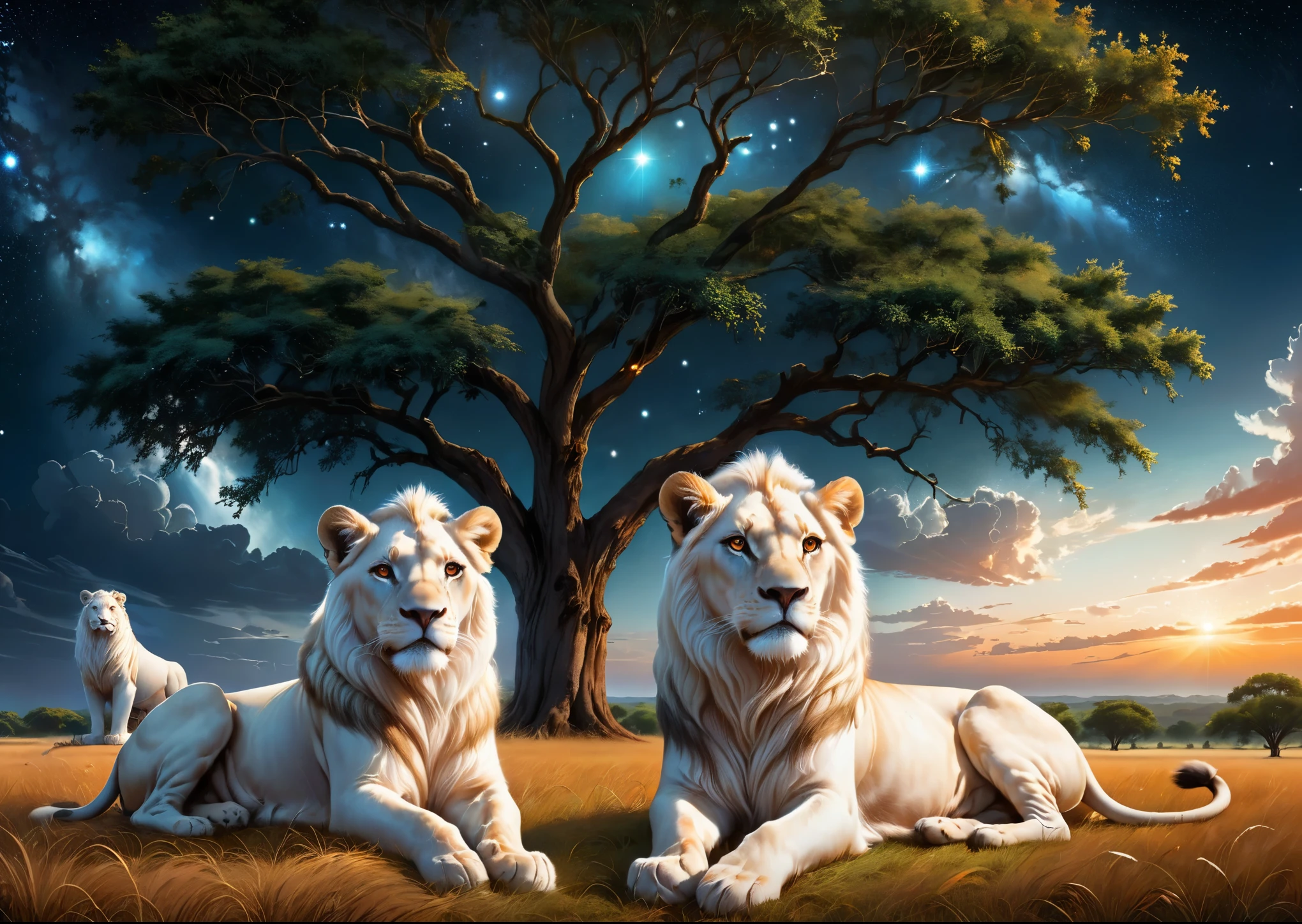 White male and female lion sitting on a wide grassland、white lion sitting under a big tree、Two white lions are sitting side by side、brown eyes、I can see Orion constellation、evening、clouds shine orange、High color rendering、high detail