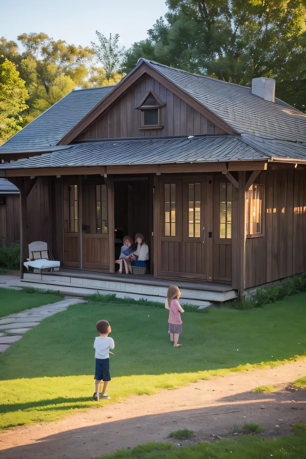 uma fazenda muito aconchegante, com uma atmosfera muito elegante, uma cerca baixa pode ser vista ao redor da casa, with two children playing tag, um casal sentado observando seus filhos brincarem e rindo muito, I don&#39;t want anything without clothes, It&#39;s a family photo