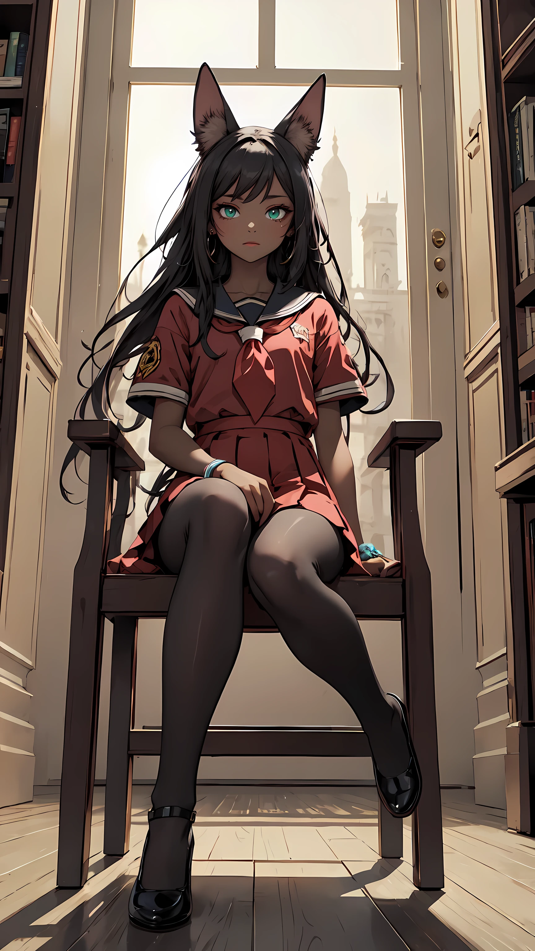 masterpiece, (beautiful and aesthetic), concept art, close shot, centered, shot from below, , kalithna, (jackal ears, dark skin:1.4), long dark hair, jade green eye, sitting in a chair near window, yellow sailor uniform, red skirt, pantyhose, classroom interior, vibrant color, volumetric lighting, epic composition, epic proportion, HD, kalithna