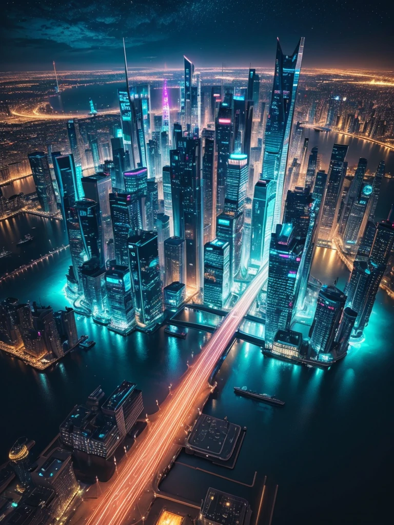 The perspective of aerial photography allows us to overlook the,See the night view of futuristic city concept art(Fluorescent colorful glow) Aerial photography perspective will bring you a unique visual experience
(Aerial View)wide angle, Professional photography, art photography, intricate details, Super detailed, Surreal, 8k ultra high definition master works