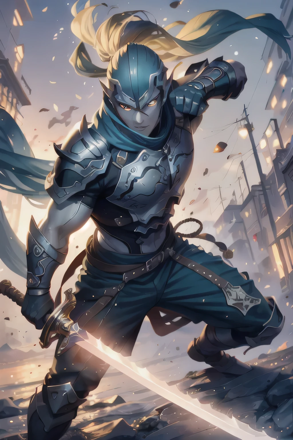 (best quality)), ((masterpiece)), (Very detailed: 1.3), 3d, blue skin, blue eyes, High, Strong, (no hair:1.2), (no ears:1.2), Neat, black armor, silver armor, badge, sword, Serious, majesty, determination, pour out, vigilance, authority, warrior, determination, justice, sanction, Realistic style, strong shadow, majesty的姿態, Wearing armor posture, steel texture, Rich in details, 複雜的badge設計, manifestation of strength, look into the audience&#39;s eyes, confident expression, battle scene, focus, heroic style, Lock style, whole body圖模格, Traditional illustration, oil painting effect, warrior肌肉線條, realistic details, dynamic poses, epic work, human development report (high dynamic range), Ray tracing, NVIDIA RTX, super resolution, Unreal 5, subsurface scattering, PBR texture, post processing, Anisotropic filtering, depth of field, Maximum clarity and sharpness, Multi-layer textures, Specular and albedo mapping, surface coloring, Accurately simulate the interaction of light with materials, Perfect proportion, octane rendering, two-tone lighting, Low ISO, red balance, rule of thirds, Large aperture, 8K original, High efficiency sub-pixel, sub-pixel convolution, light particles, light scattering, Tyndall effect, whole body, Combat stance