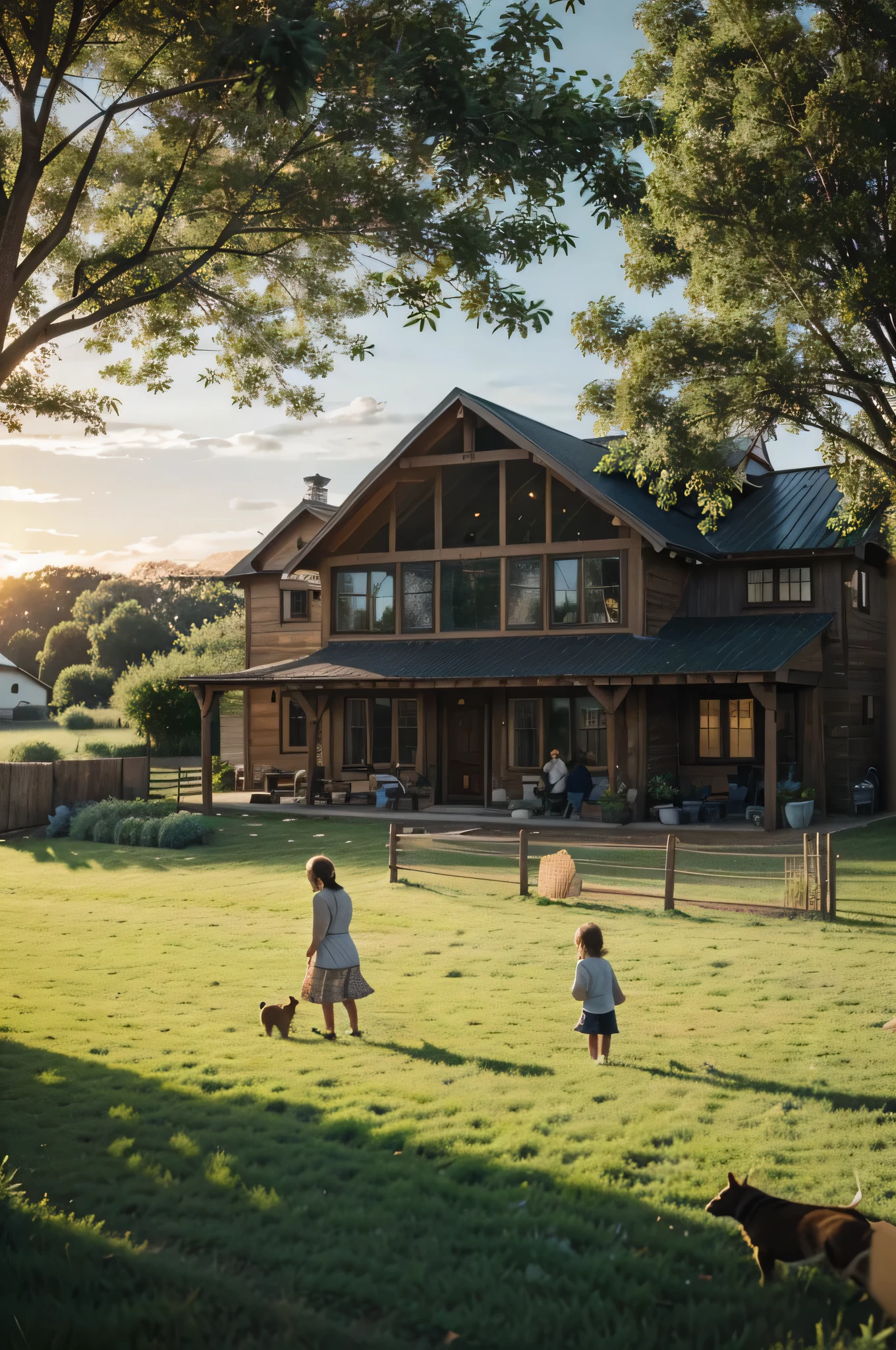 uma fazenda muito aconchegante, com uma atmosfera muito elegante, uma cerca baixa pode ser vista ao redor da casa, with two children playing tag, um casal sentado observando seus filhos brincarem e rindo muito, I don't want anything without clothes, It's a family photo at sunset
