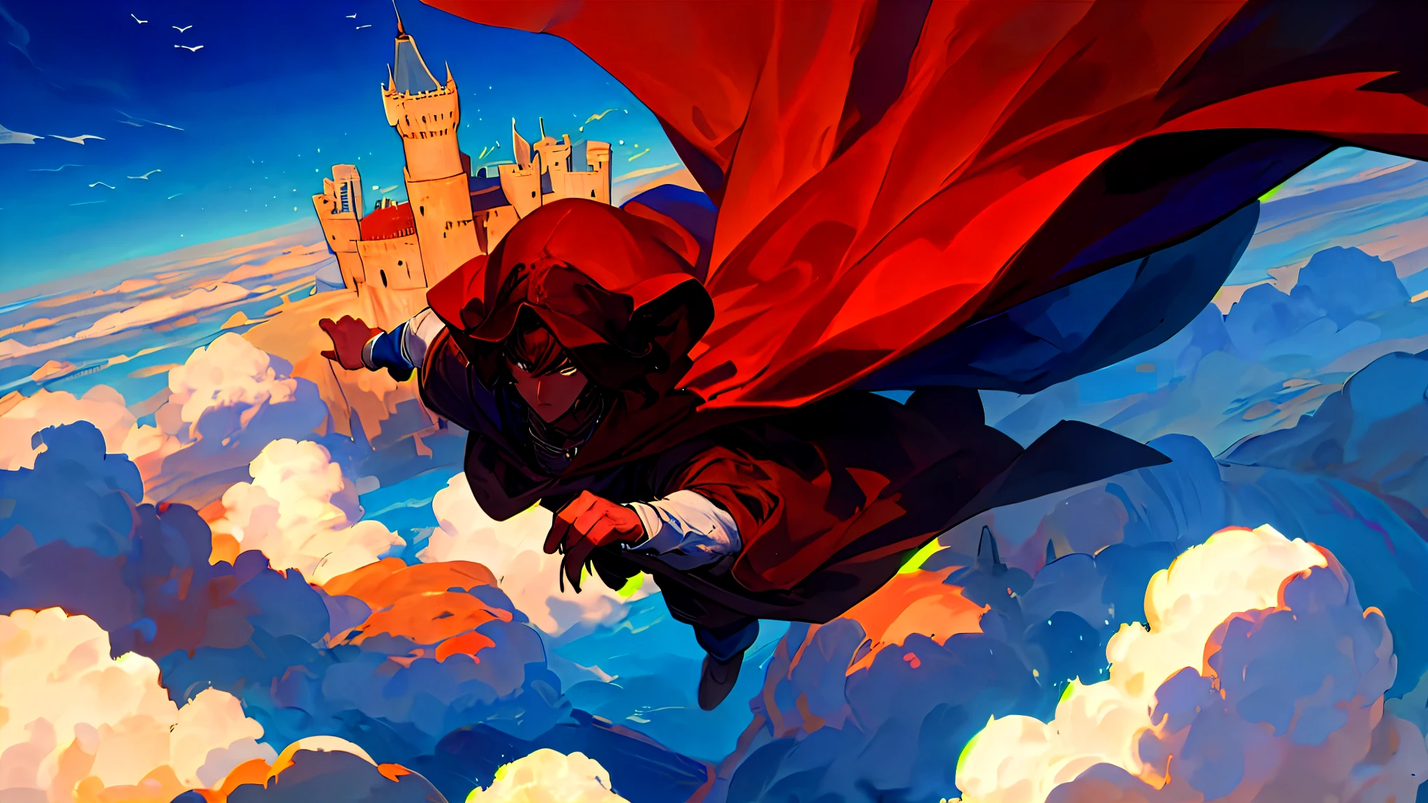 A male wearing a brown cloak is escaping from a castle in the clouds.