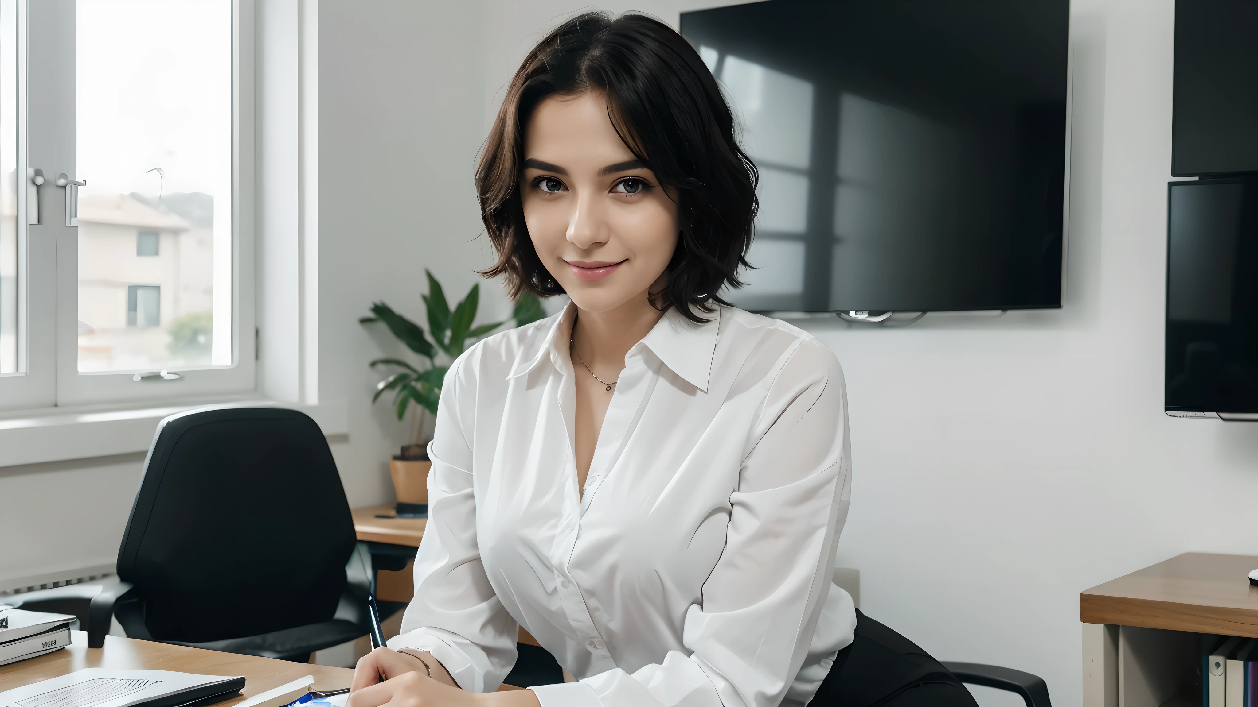 obra-prima, a pale white German female ,cabelo preto curto e ondulado, working on credit data analysis in home office. She should be dressed in formal roupa toda preta, sentado em uma mesa com um computador e documentos relevantes, roupa toda preta, sharp focus, 32 anos, sorrindo, pequenas pausas, bem-sucedido, pele detalhada, cabelo detalhado, great lighting, no rings, nariz pequeno, sorriso branco, usando brilho, olhos deitalizados, foto de boukeh